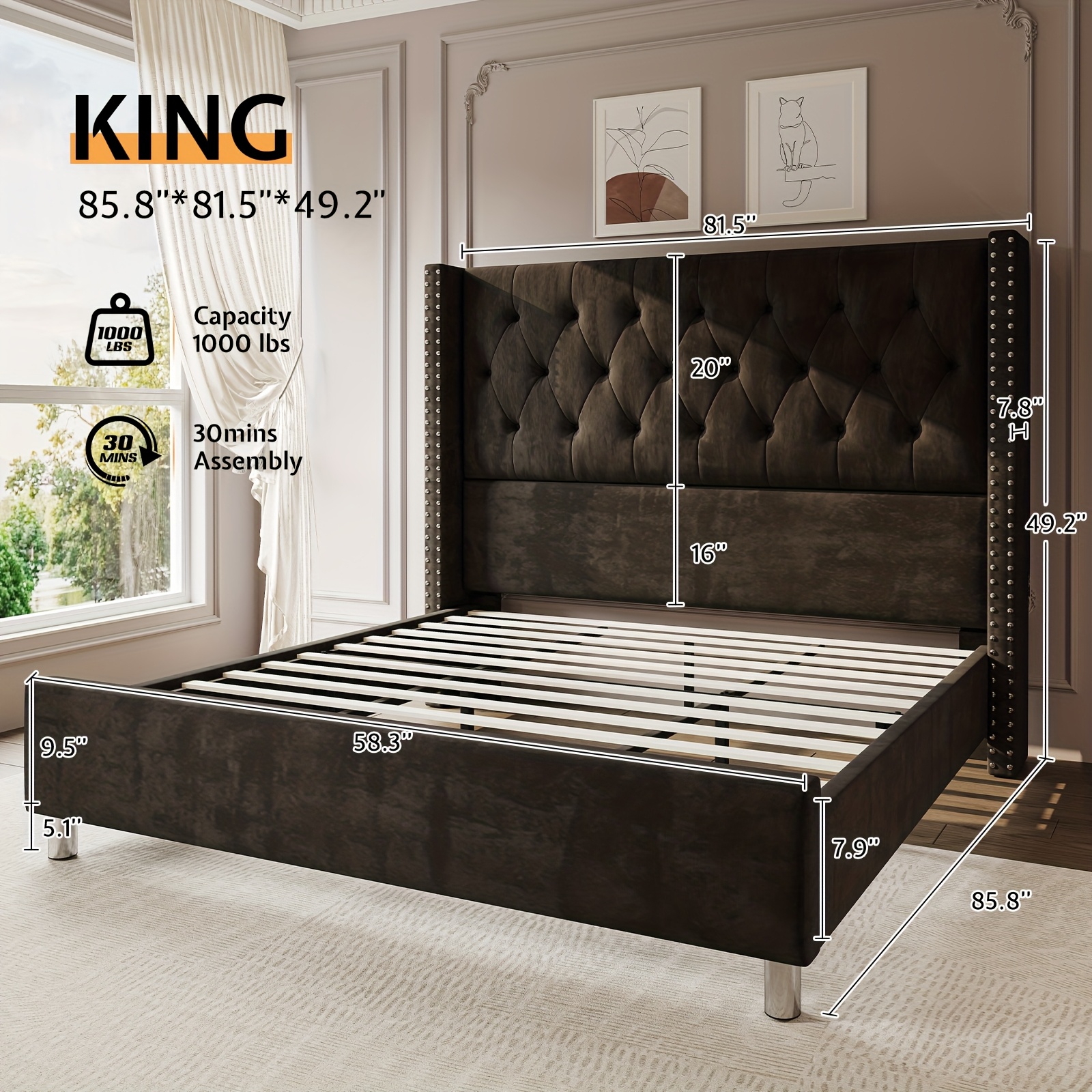 Papajet velvet headboard bed frame, with wing-style headboard, no box mattress required