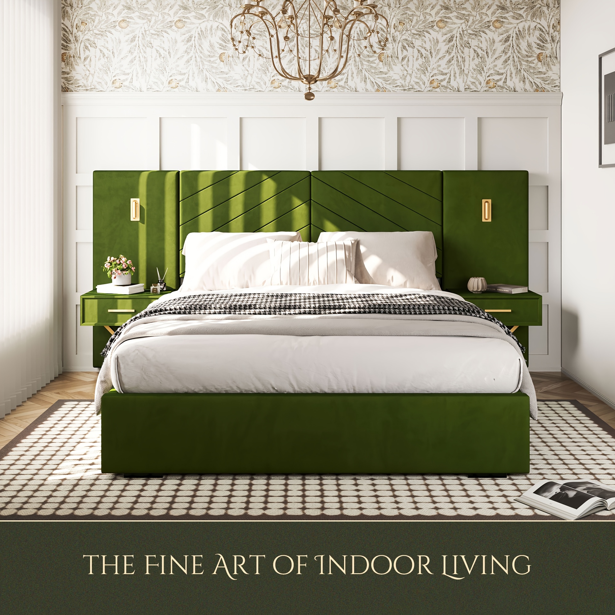 Luxurious double/queen-size bed frame with built-in LED lights and nightstand, double/queen-size platform bed with extra-large upholstered headboard, no mattress support required