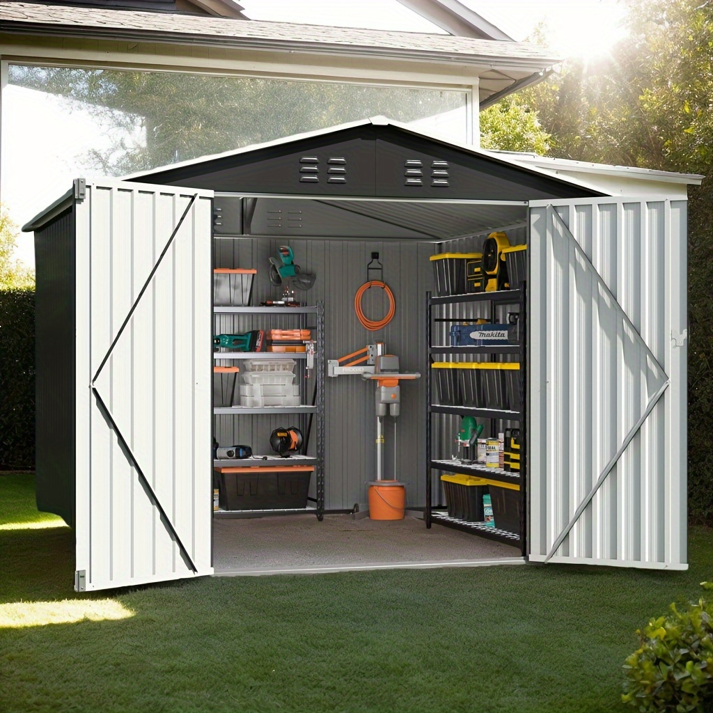 5X3 feet 10'X10' feet outdoor storage shed, spacious garden shed with a sloped roof and ventilation design.Enhanced reinforced security lockable metal storage shed, suitable for patio, backyard, garage, lawn, gray color