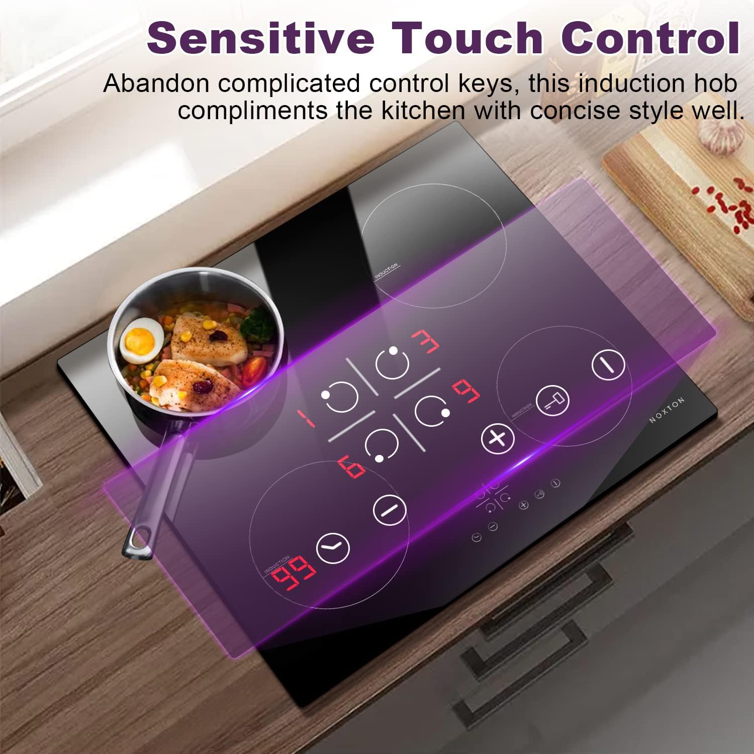 Noxton Plug in Induction Hob, 4 Zones Electric Hob 60cm, Touch Control with Child Safety Lock,UP to 99 Min Timer Black Crystal Glass