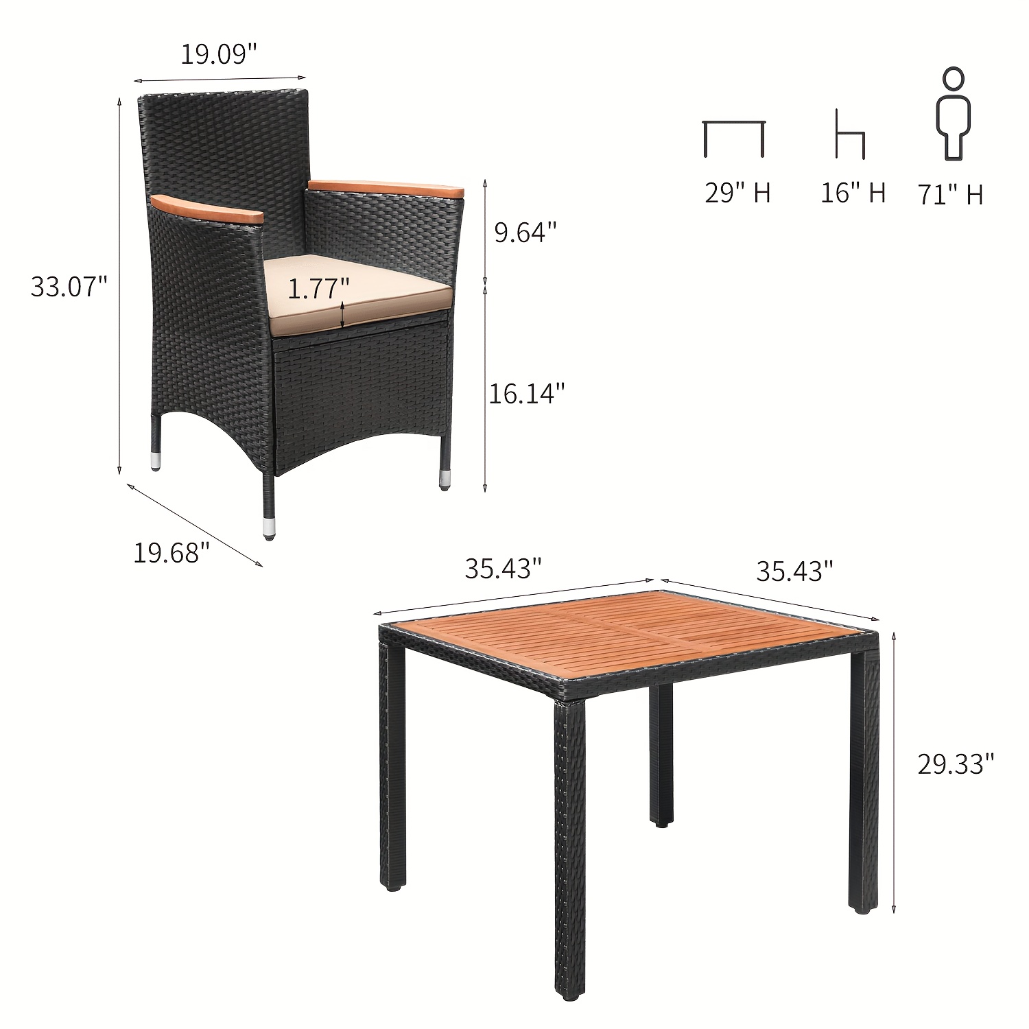 Patio furniture series, including a PE rattan chair and dining table set, with a table top made of Saka wood, and chairs featuring curved wooden armrests and cushions
