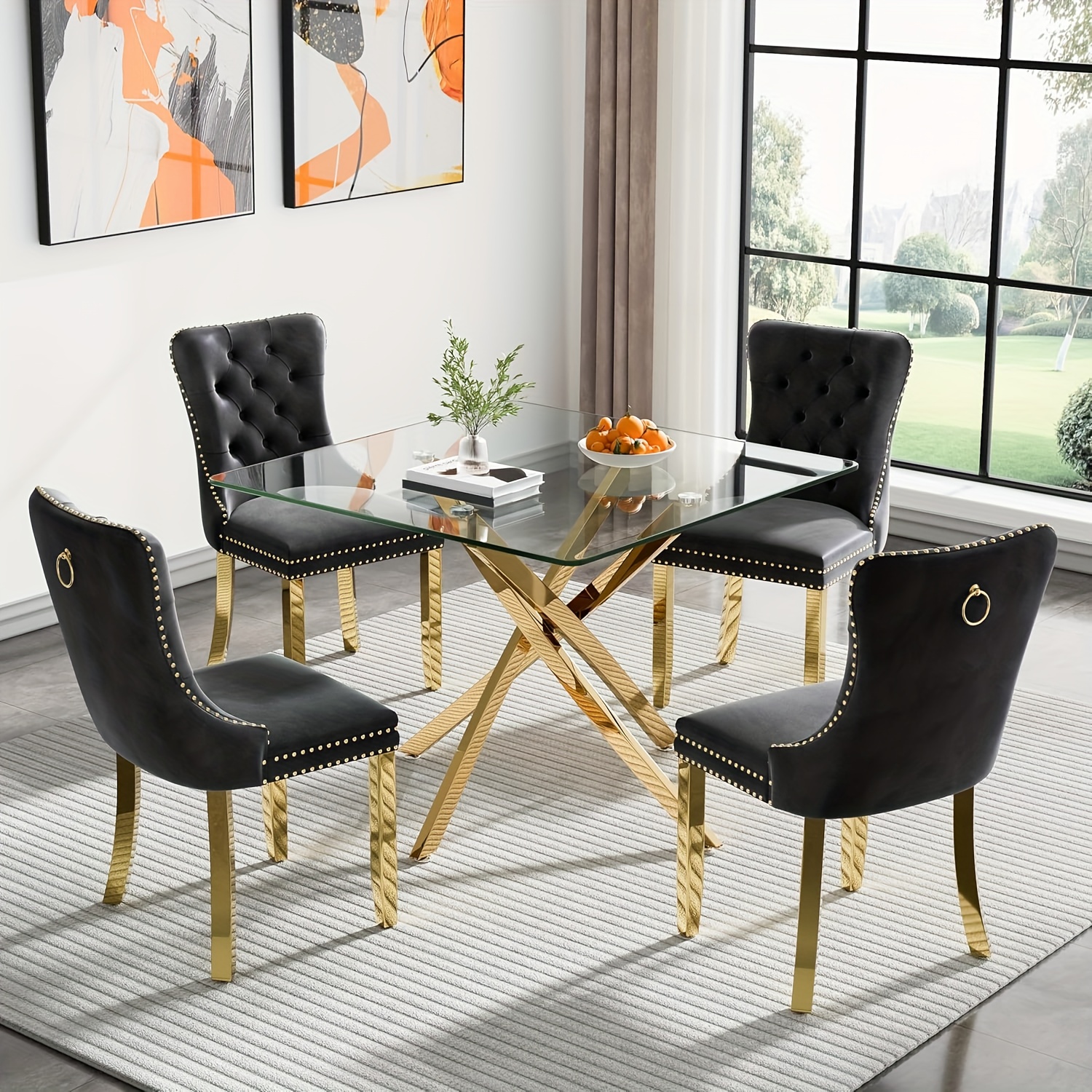 3/5-piece glass dining table set, 36inch square dining table and 4 chairs, modern kitchen dining table set, comes with 4/2 velvet chairs, suitable for dining rooms, small spaces, offices (stainless steel table and chair legs)