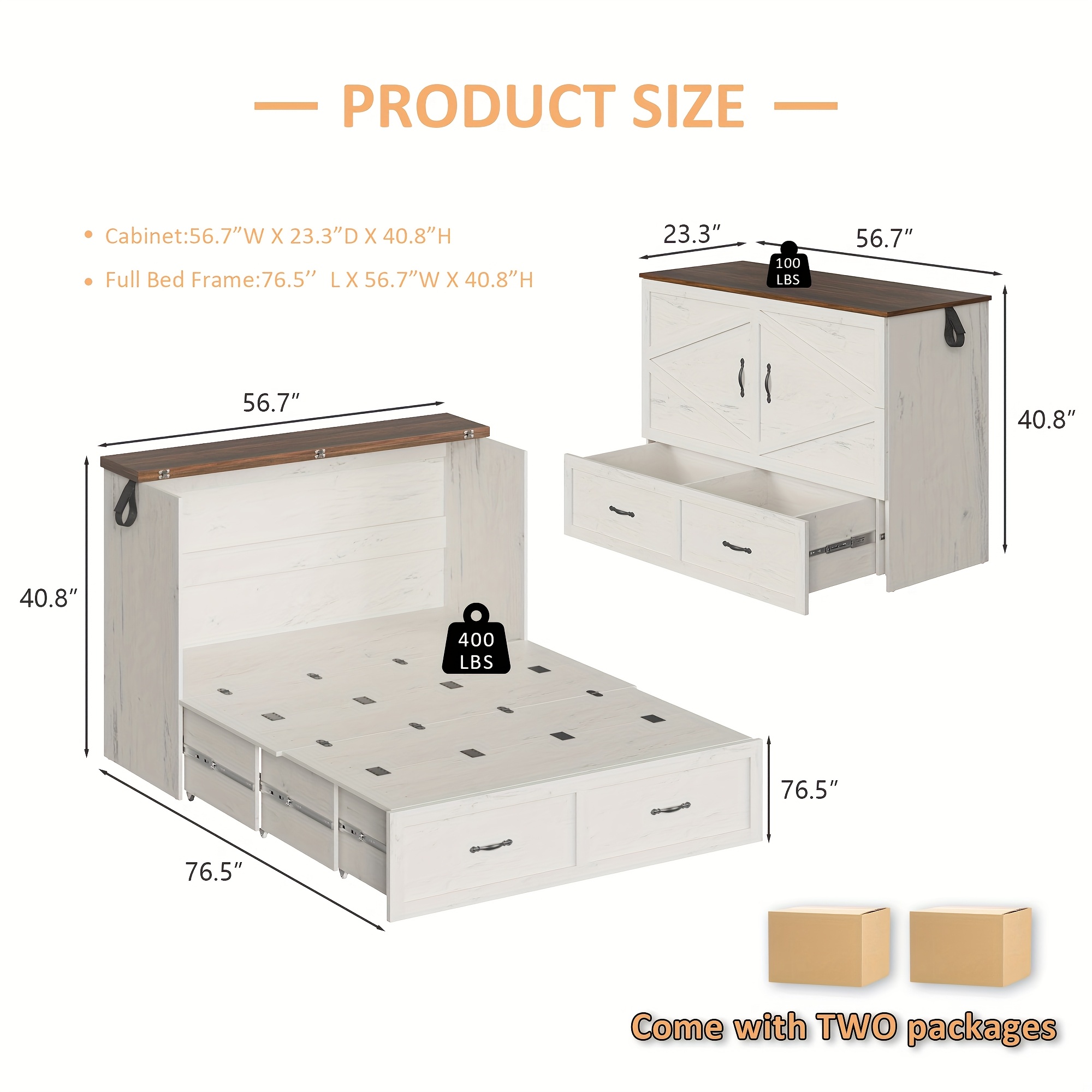 Full-size storage wall bed, farmhouse-style wall bed cabinet with extra-large storage drawers, silent design, foldable platform bed suitable for guest rooms, home offices, and small spaces, distressed white version