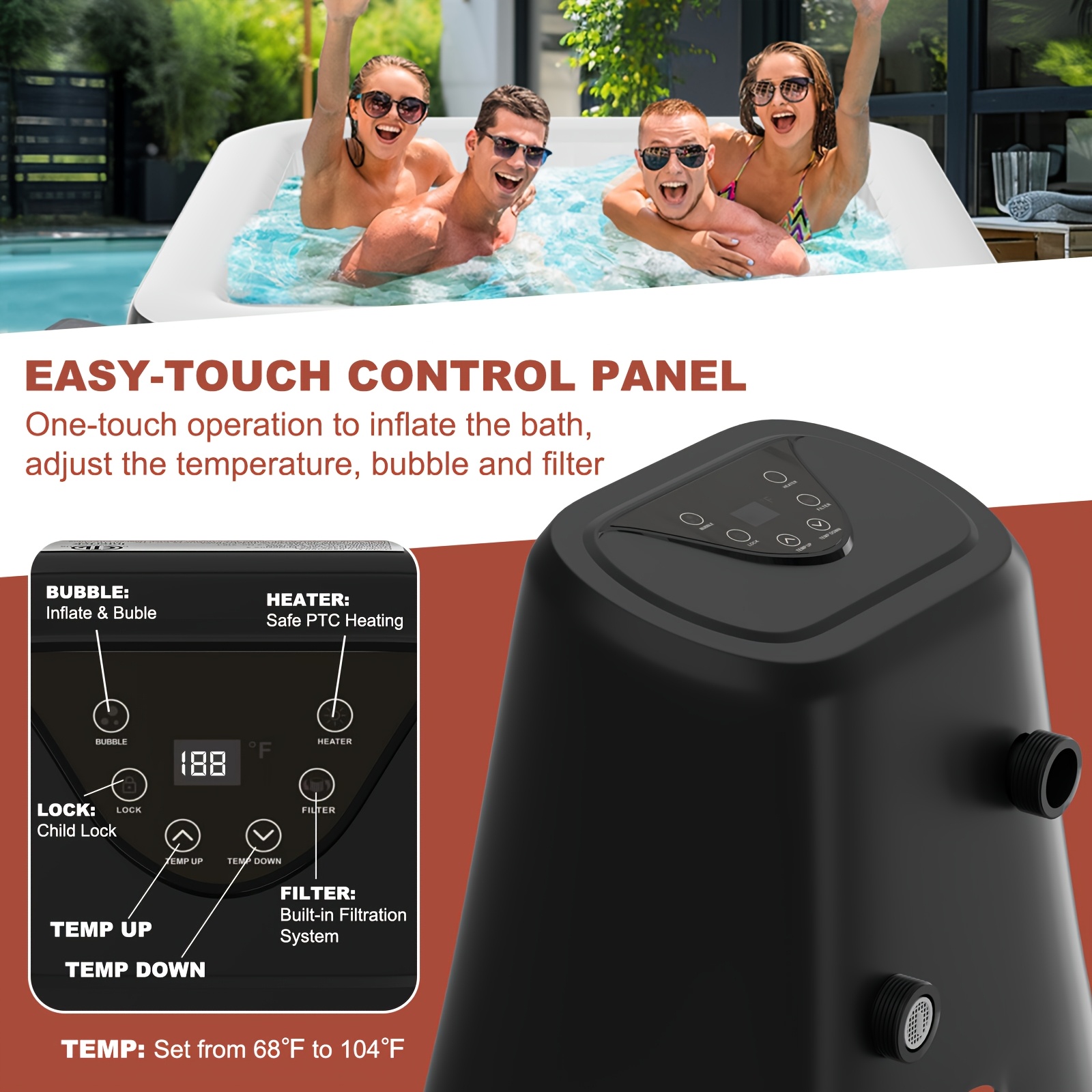 Square 6-person inflatable wave-making bathtub