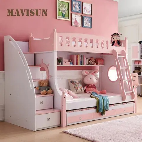 Bunk beds for boys and girls ages 5 to 8 bedroom pink blue Castle Pirate beds