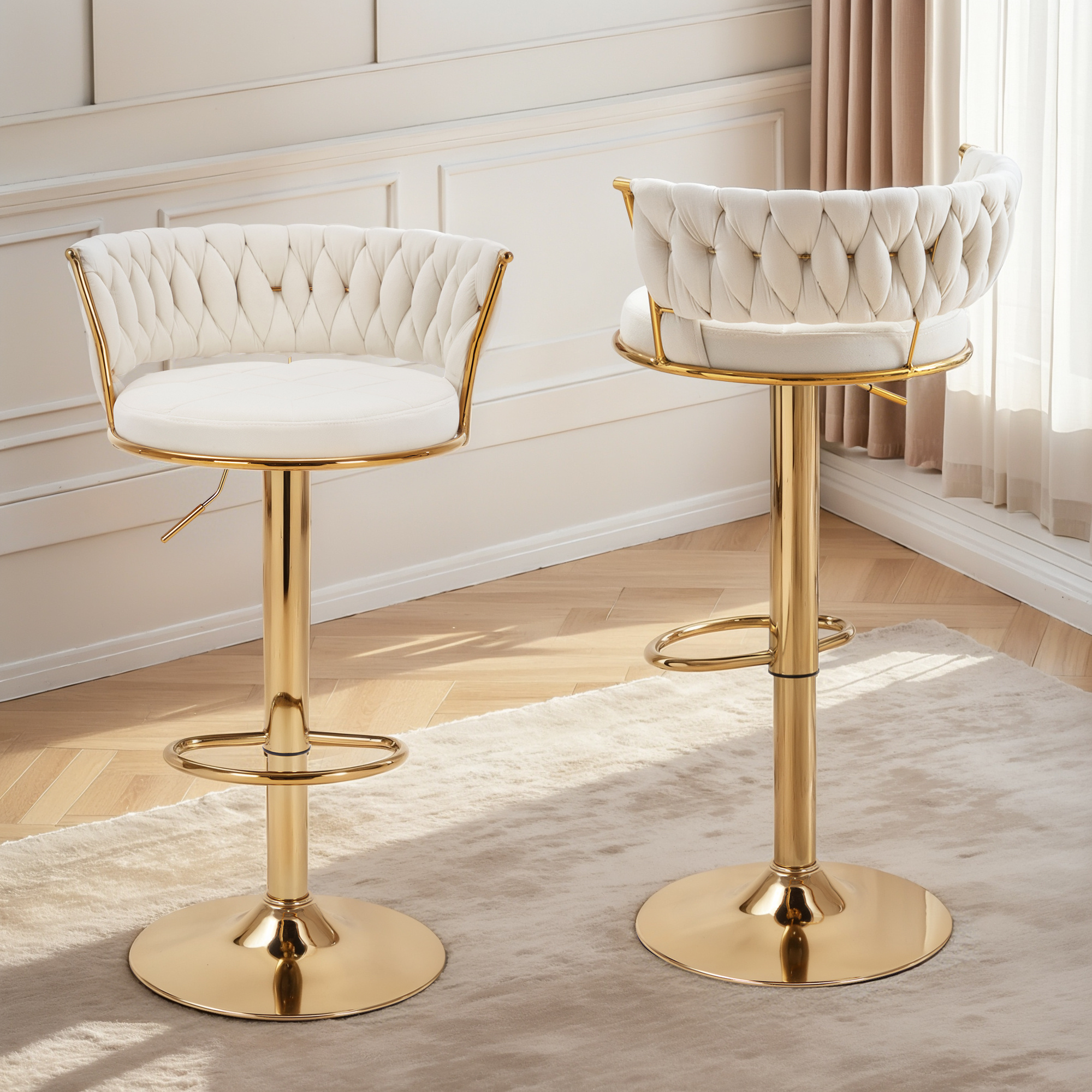 VECELO 360°Set of 4 swivel bar chairs, height-adjustable counter high chairs with back and arms, suede fabric kitchen island chairs