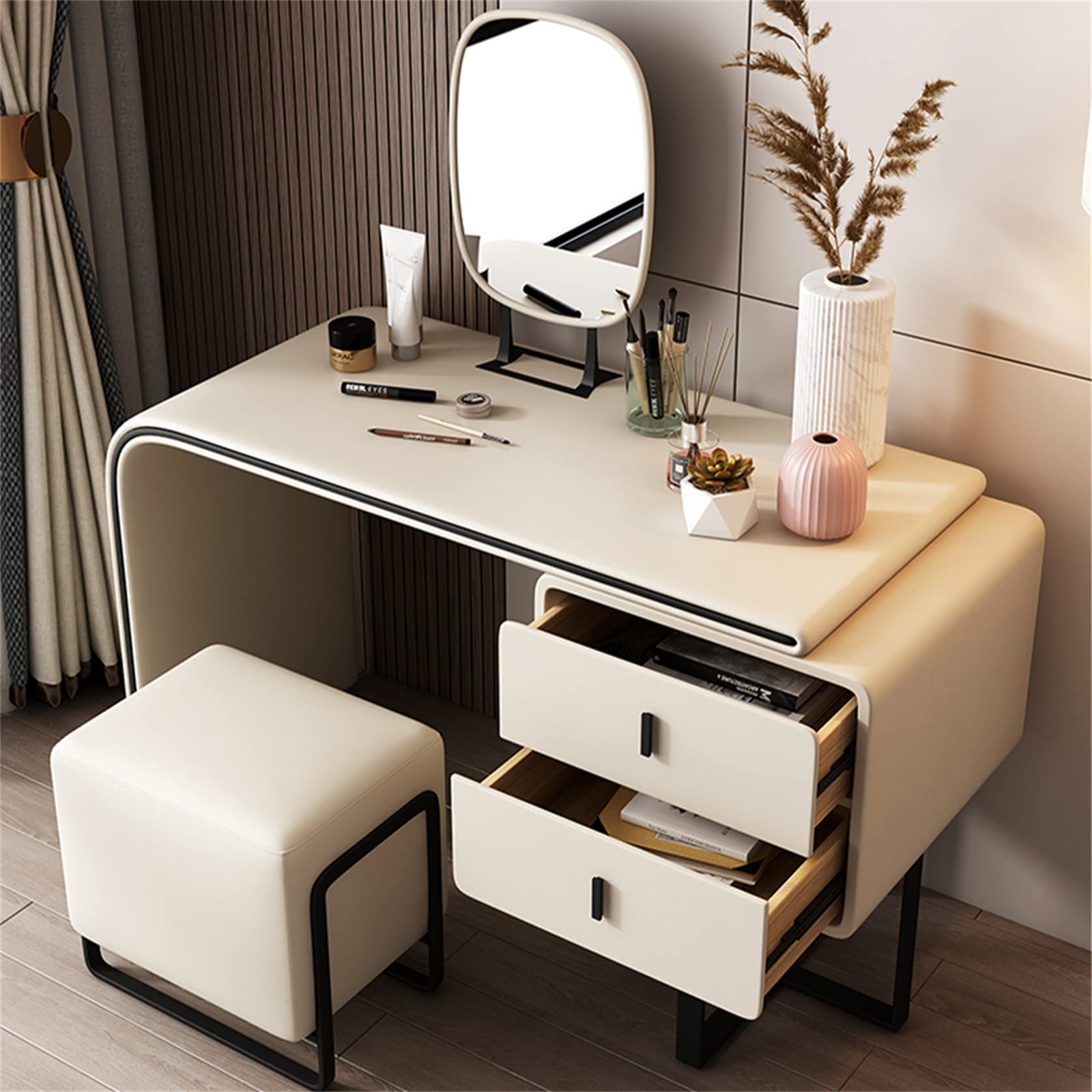 Modern Extendable Makeup Vanity Table with PU Leather, 2 Wood Drawers, Side Cabinet