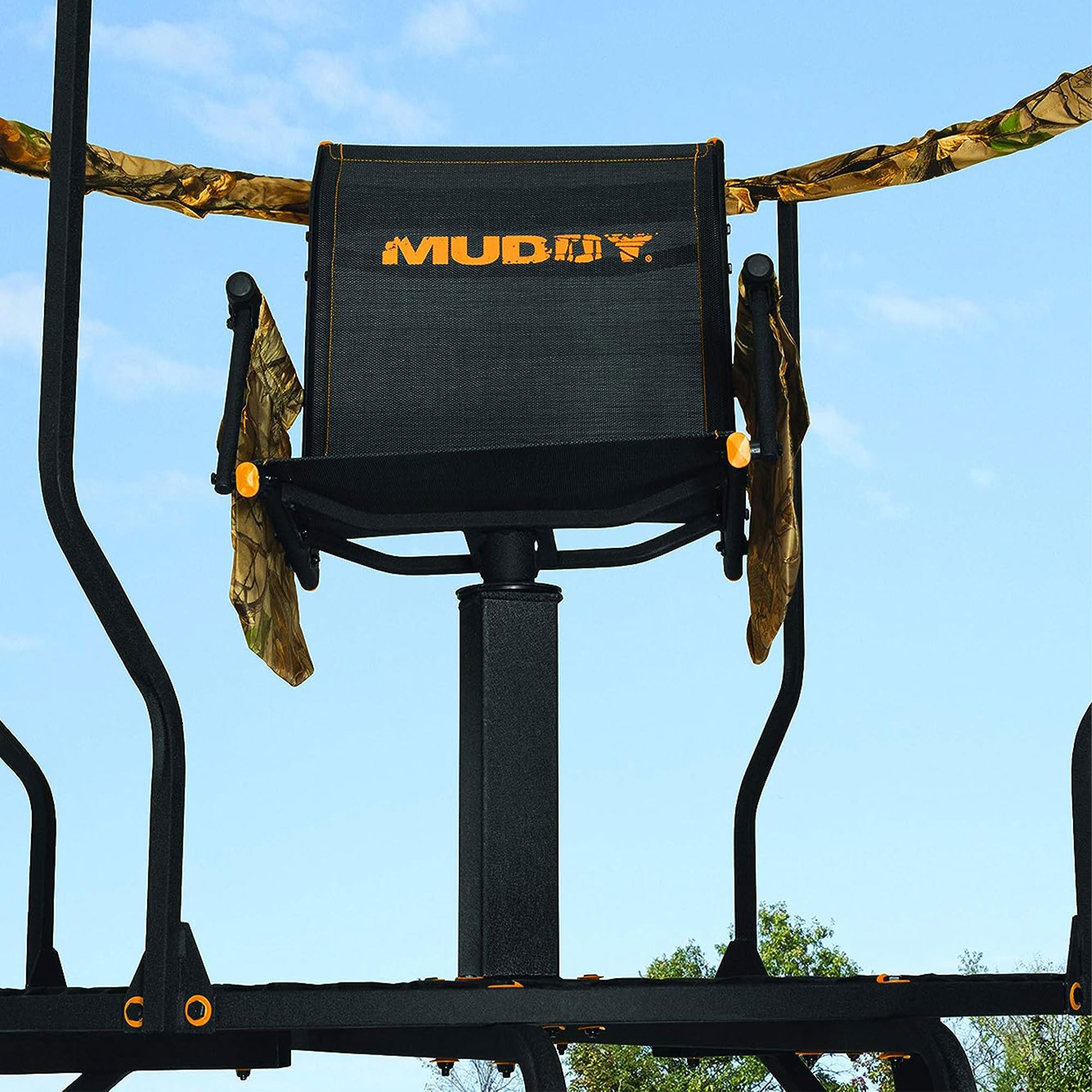 Muddy 16' Liberty Tripod with Hunting Chair, hunting equipment deer stand featuring a swivel Flex Tek seat and detachable gear bag, with a weight capacity of 300 pounds
