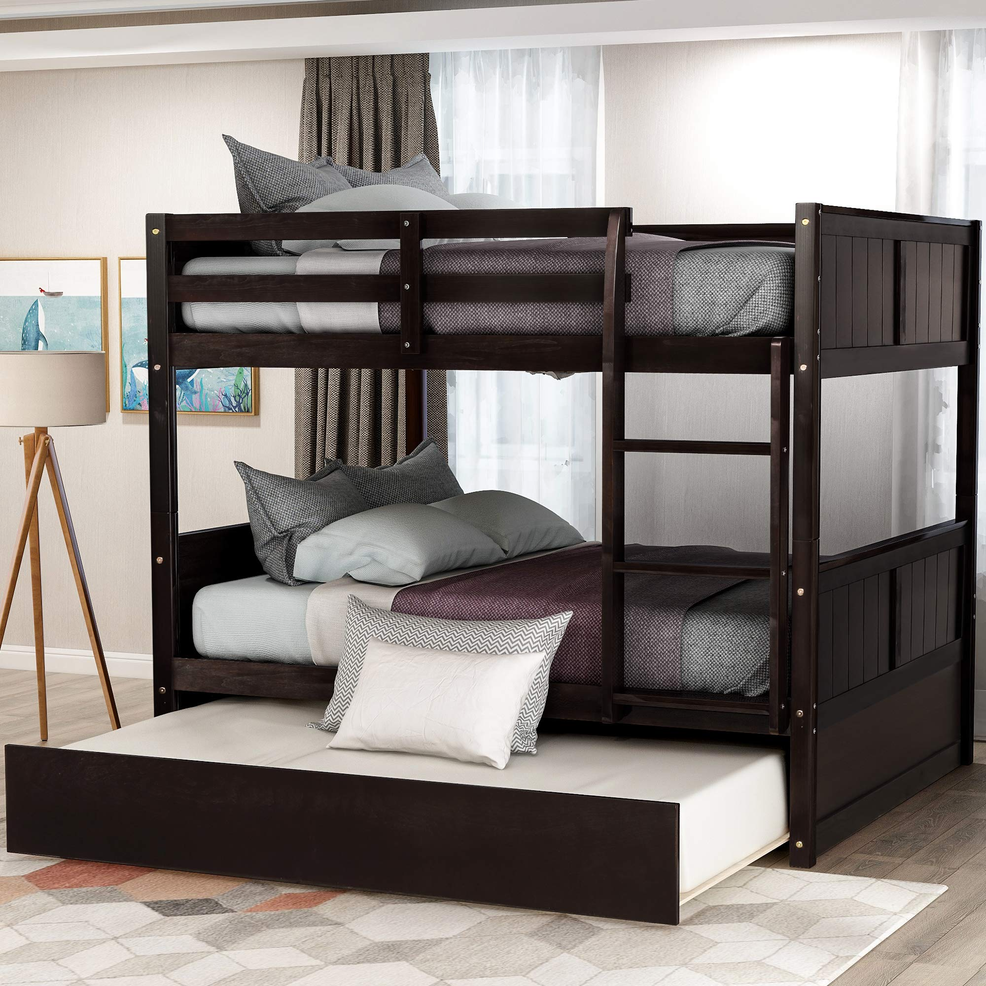 Full Over Full Bunk Bed for Kids Teens, Detachable Wood Full Bunk Bed Frame with Trundle
