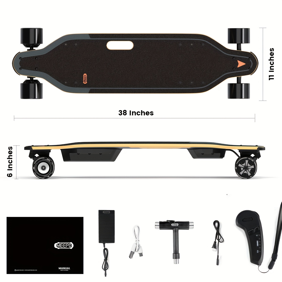 MEEPO V5 electric skateboard with remote control, 11-mile range, 4-speed smooth braking, portable handle design, suitable for adults, teenagers, and beginners