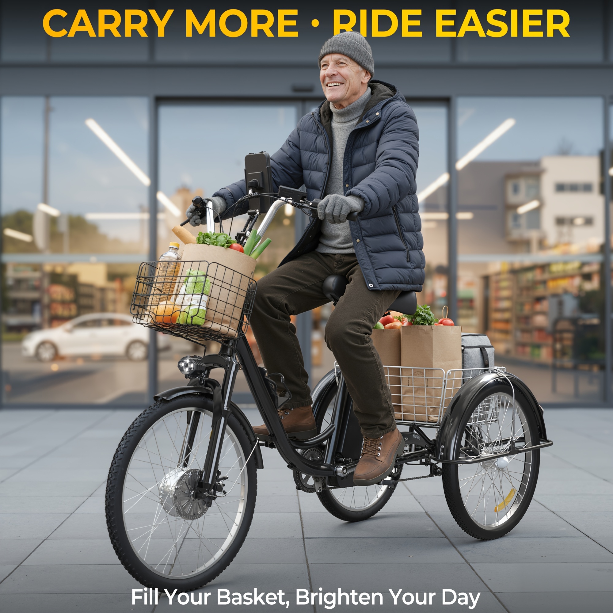 Adult Electric Tricycle, 350W 36V White Electric Tricycle, 7-Speed Adult Electric Tricycle with Large Capacity Basket