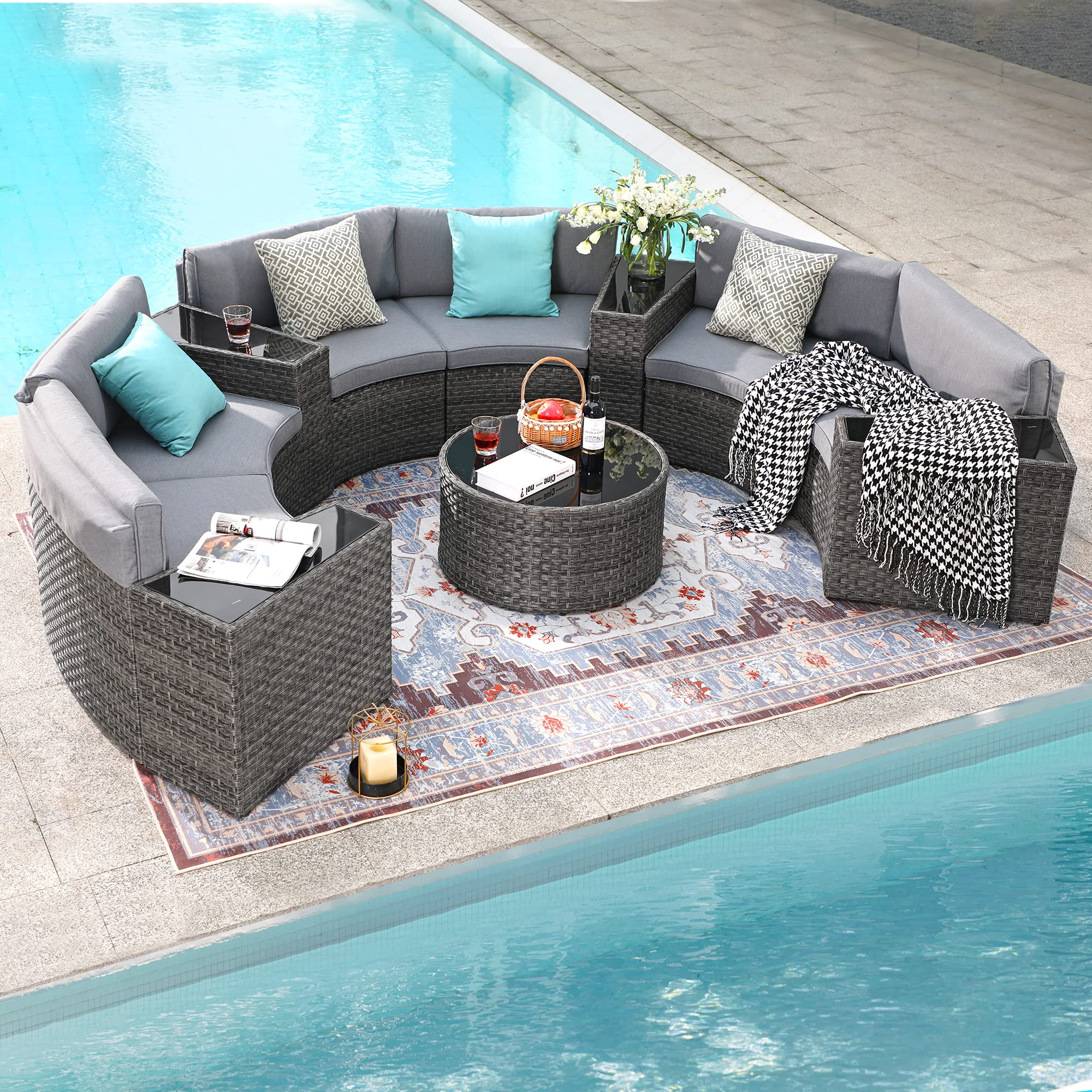 Outdoor Patio Furniture 11-Piece Half-Moon Sectional Round Patio Furniture Set