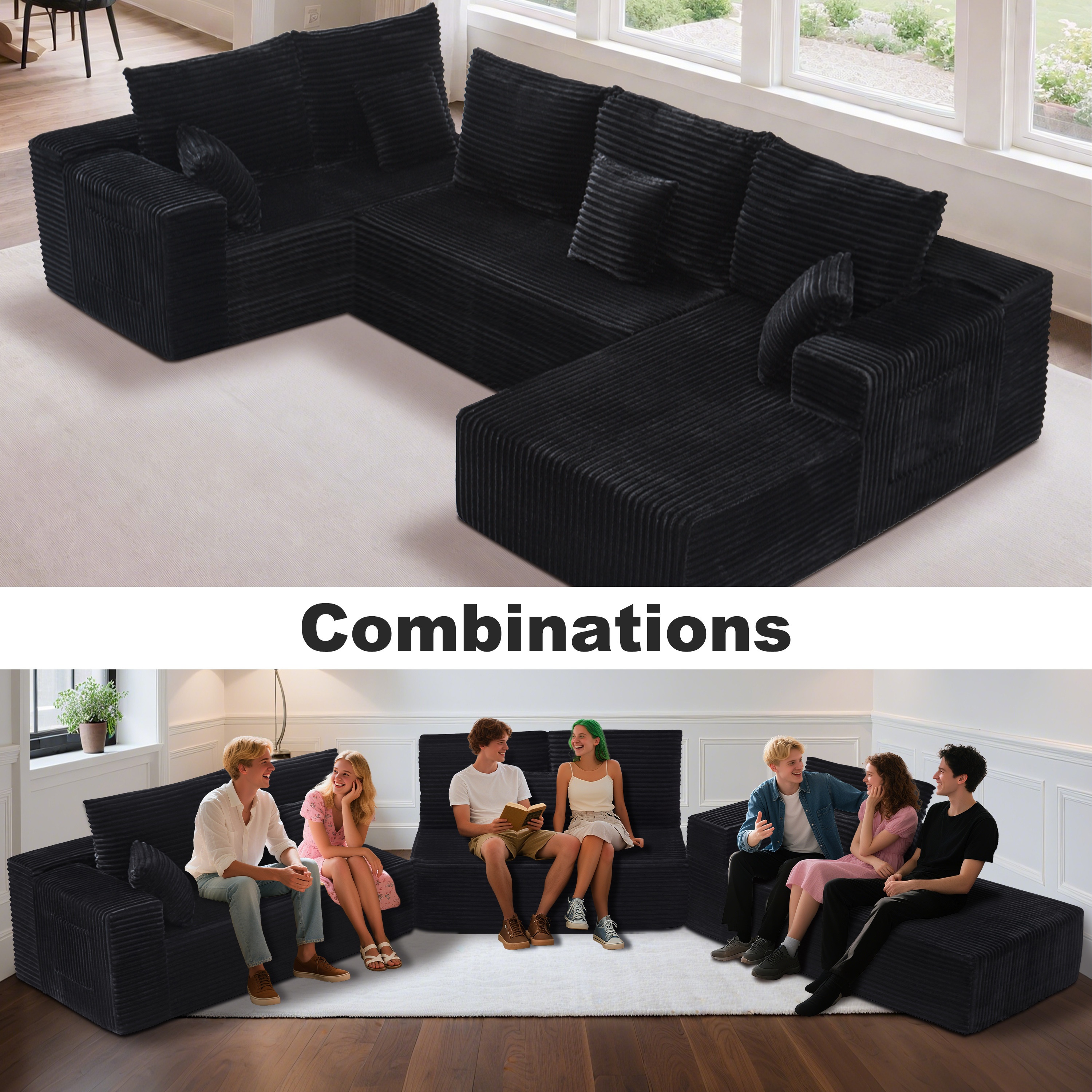 164inch Large L-shaped cloud sofa set, L-shaped deep seat sofa, living room sofa, upholstered living room sofa, no assembly required, extendable chaise lounge, corduroy material