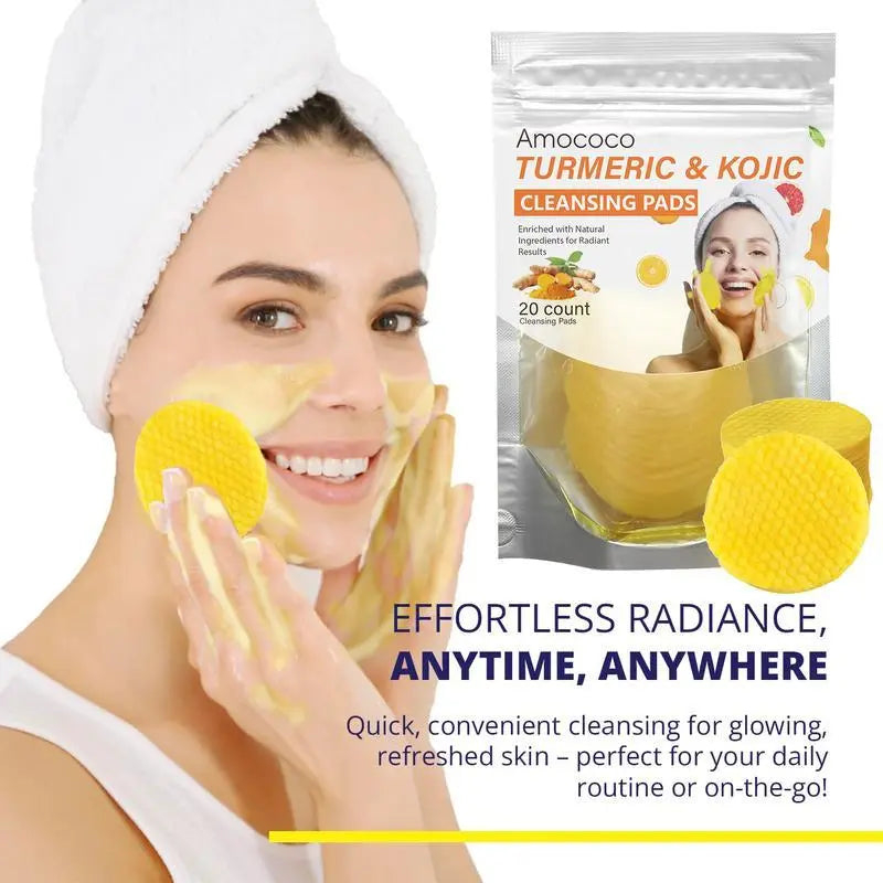 💥LAST DAY 49% OFF🌟 Turmeric & Kojic Acid Cleansing Pads – 20 Pcs, Gentle Deep Clean, Brighten & Soften Skin
