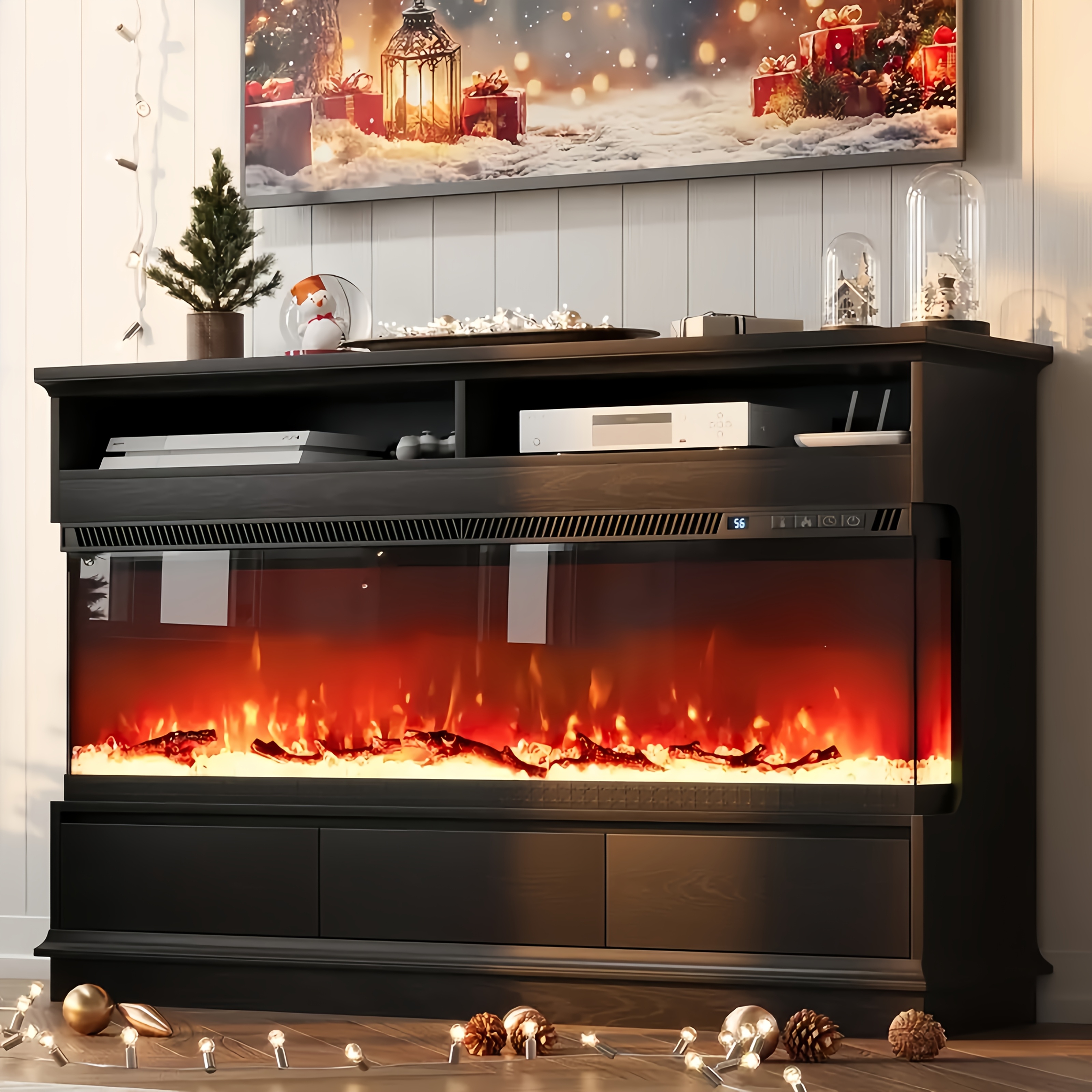 Elegant 50inch fireplace TV stand with 3-sided glass insert - white entertainment center with 3 drawers, comfortable living room decor, ideal Christmas gift, limited edition, living room TV console