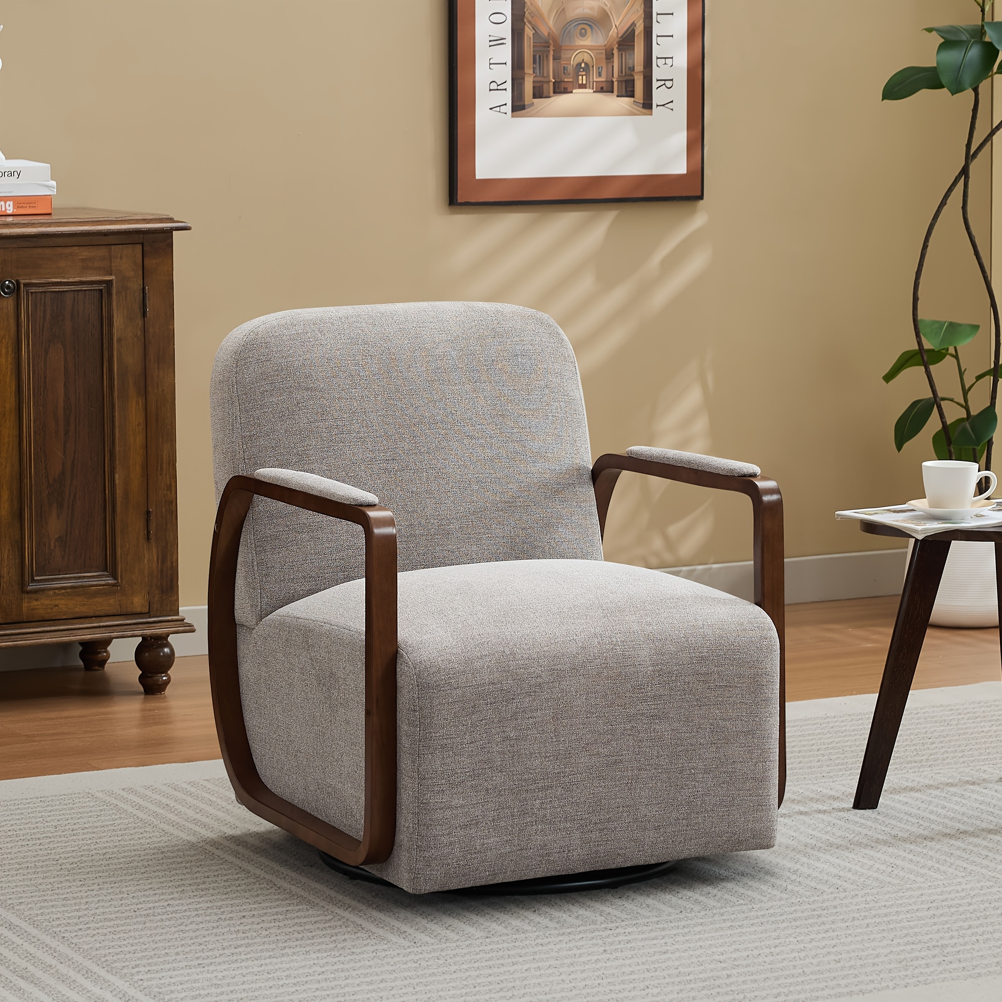 32inch Suede fabric swivel leisure chair, 360°Modern leisure chair with a rotating metal base and wooden armrests, suitable for living rooms and bedrooms