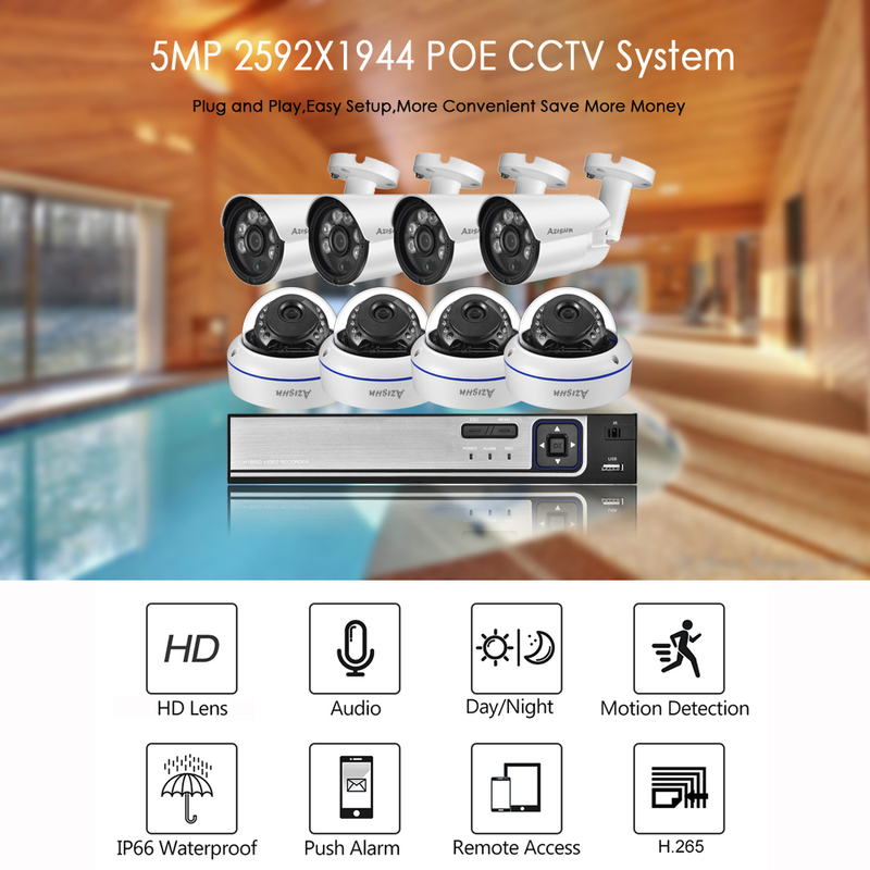 Gadinan 5MP POE NVR IP Camera System H.265+ 8CH Audio Outdoor Waterproof P2P CCTV System Motion Detection Security Surveillance
