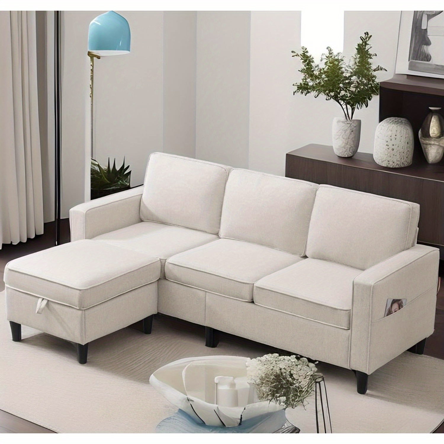 78inch (approx. 77.99inch ) Convertible sofa, linen L-shaped sofa, with double-sided storage ottoman, wooden legs and 3-seater configuration, ideal for compact spaces, apartments or offices