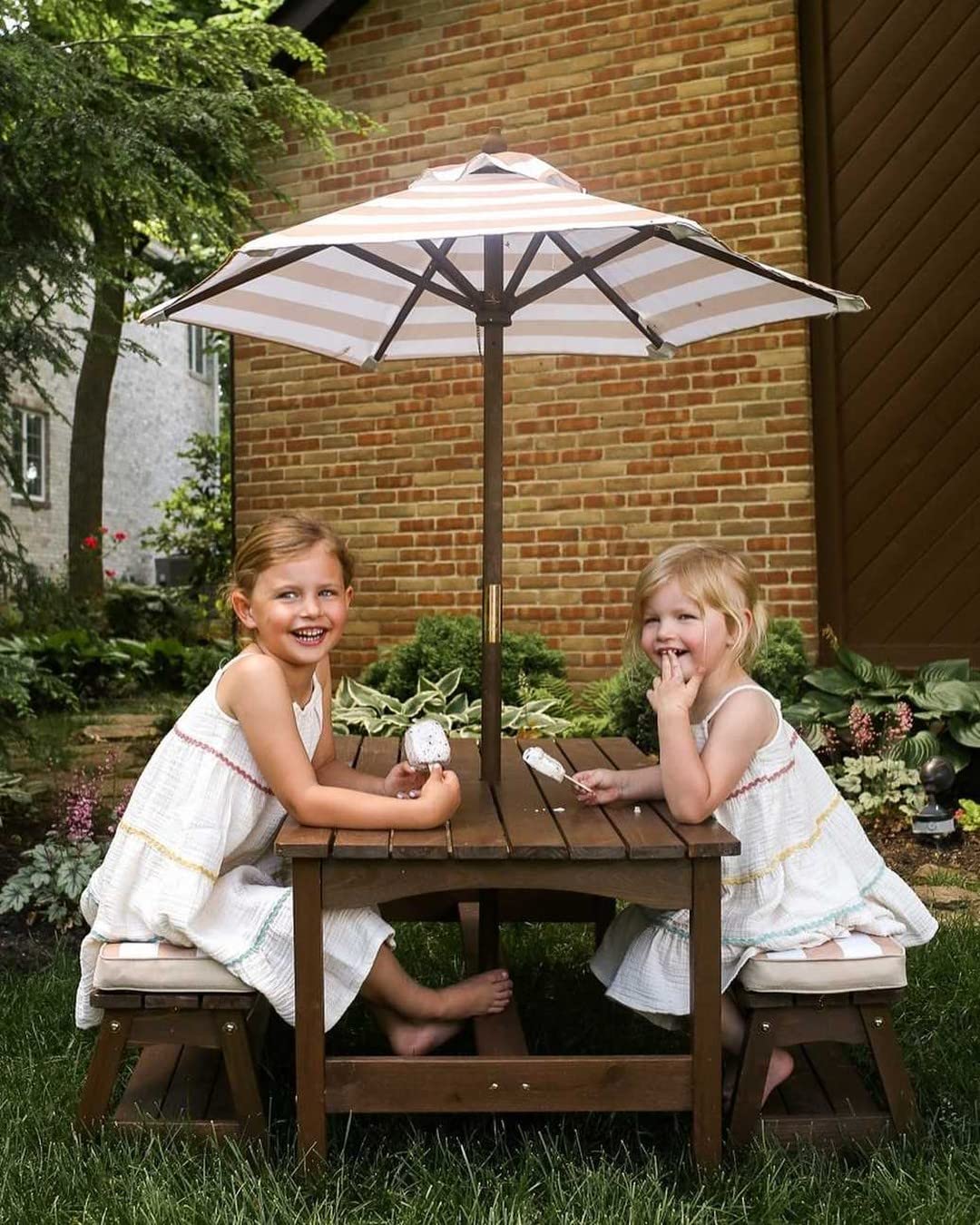 Outdoor Wooden Table & Bench Set with Cushions and Umbrella, Kids Backyard Furniture