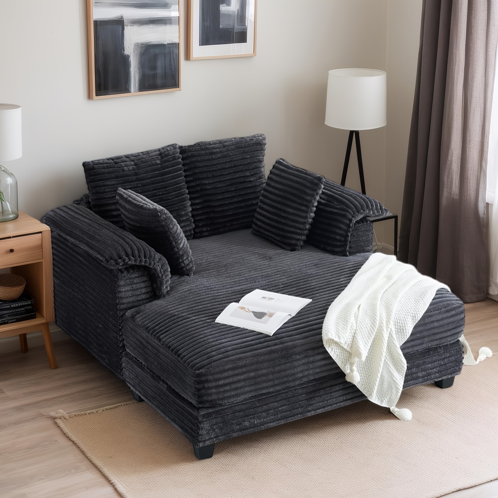 Bonnlo 56inch Extra Wide Chaise Lounge Sofa Bed - Modern Corduroy Sofa Bed with Cushions and Armrests, Foam-Padded Chaise Lounge Bed, Suitable for Living Room and Bedroom