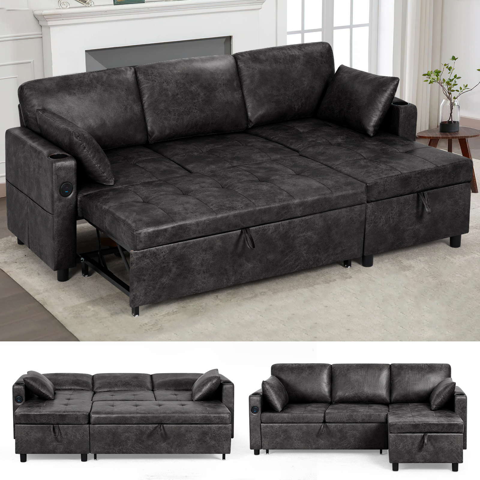 ACMEASE 84inch L-shaped pull-out sofa bed with adjustable backrest (with storage ottoman), synthetic suede fabric sofa with cup holders, modern modular sofa with storage side pockets and tufted cushions, suitable for living rooms and apartments