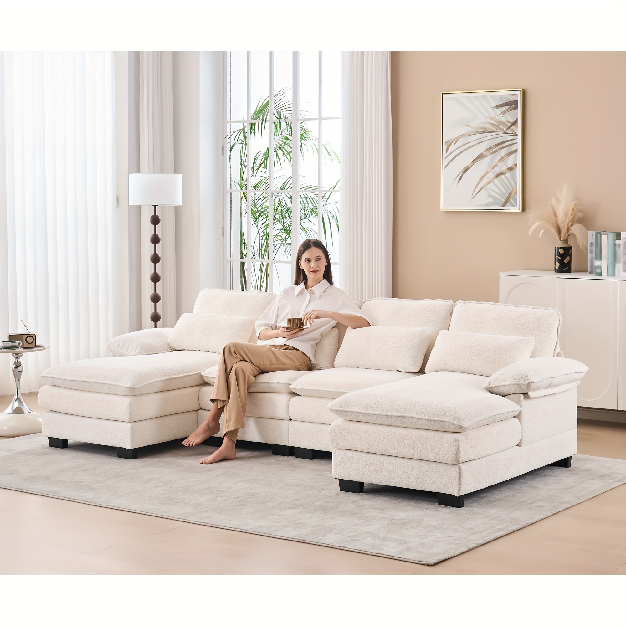 111.8'' U-shaped velvet upholstered sofa, modular cloud sofa for the living room, includes two recliners and pillows