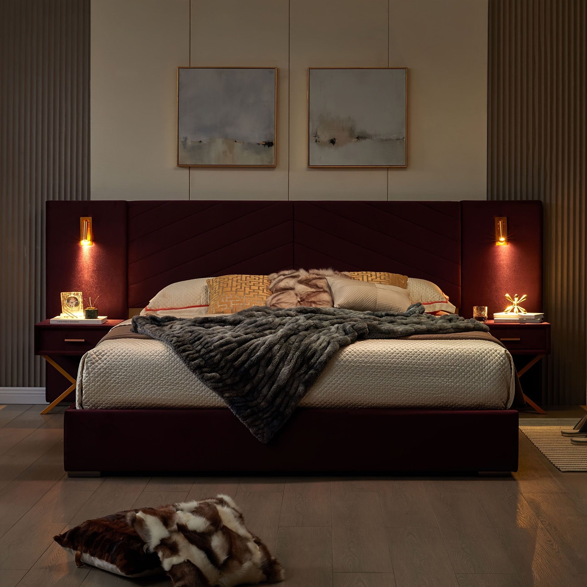 Luxurious double/queen-size bed frame with built-in LED lights and nightstand, double/queen-size platform bed with extra-large upholstered headboard, no mattress support required