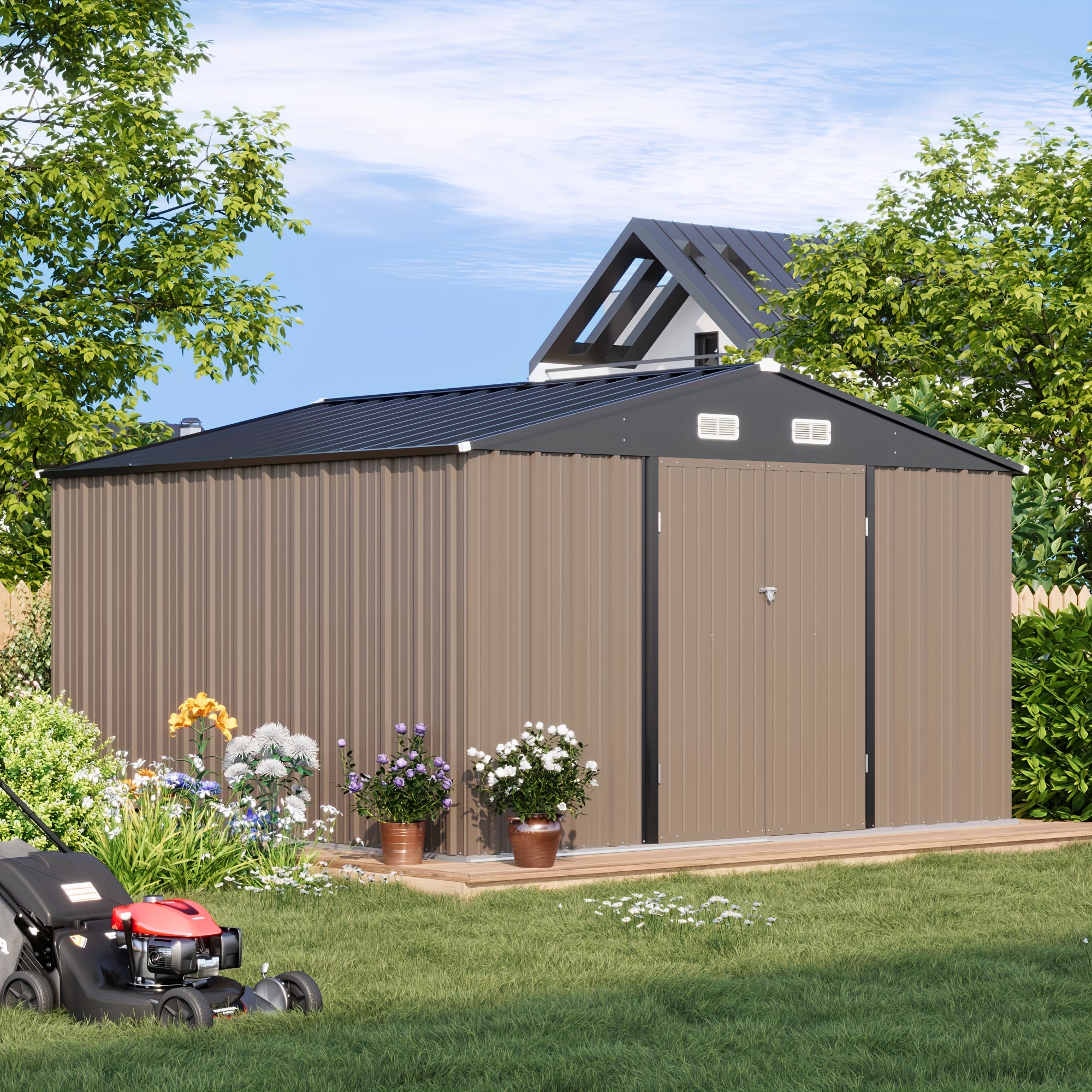 Victone 10 X 10 FT outdoor storage shed, spacious metal shed for garden tools, featuring a sloped roof and double lockable doors, ideal for use in backyards, gardens, patios, and lawns