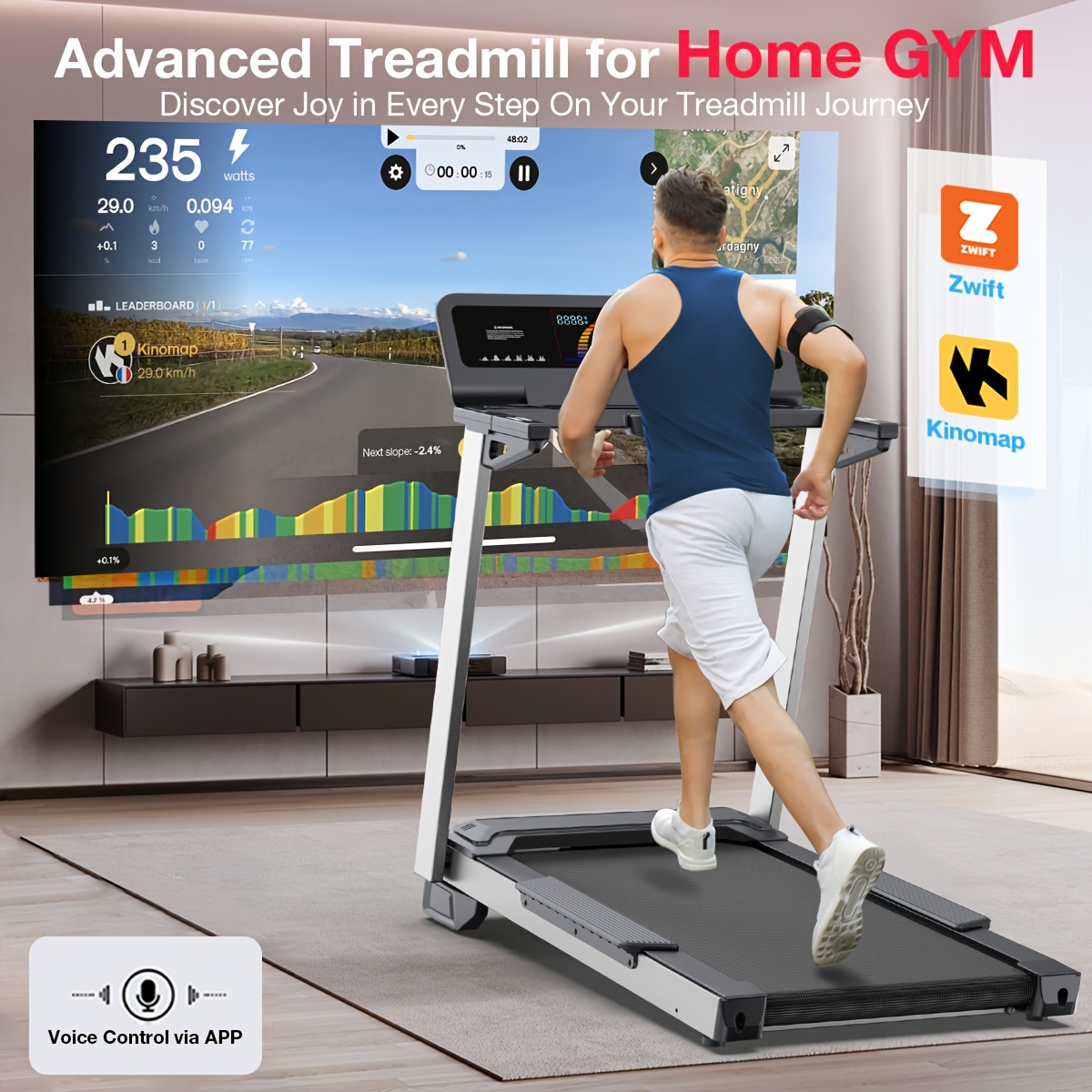 Foldable incline treadmill with a 450-pound capacity, intelligent voice control, compatible with KINOMAP ZWIFT, heavy-duty treadmill suitable for gym and home use, 4.0HP ultra-quiet brushless motor, music player, heart rate monitor, battery-free