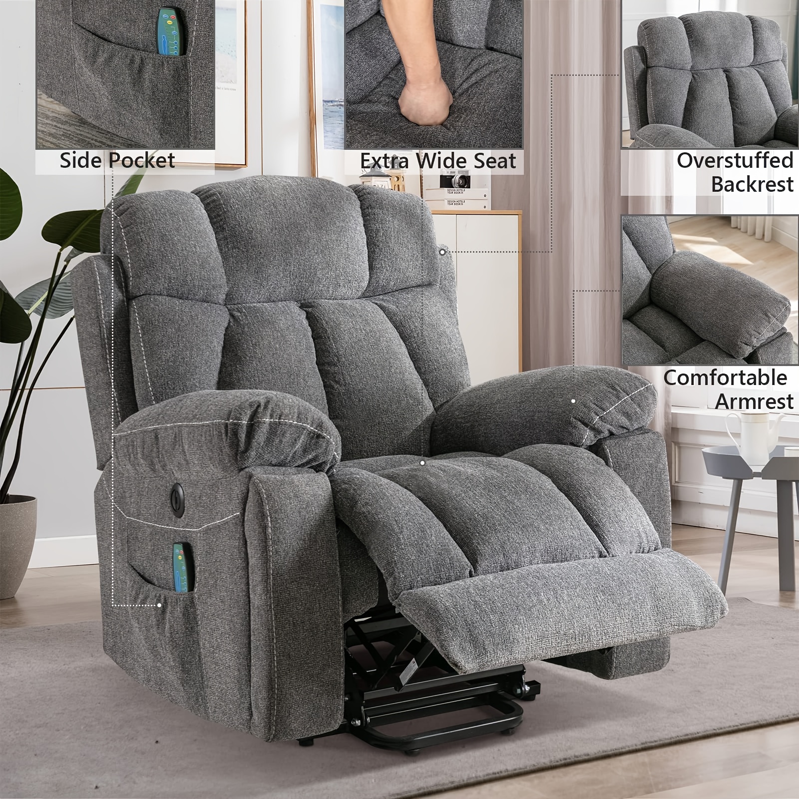 High-power electric lift massage and heating recliner for the elderly, thick and wide recliner, equipped with 2 cup holders, side pockets, and USB port