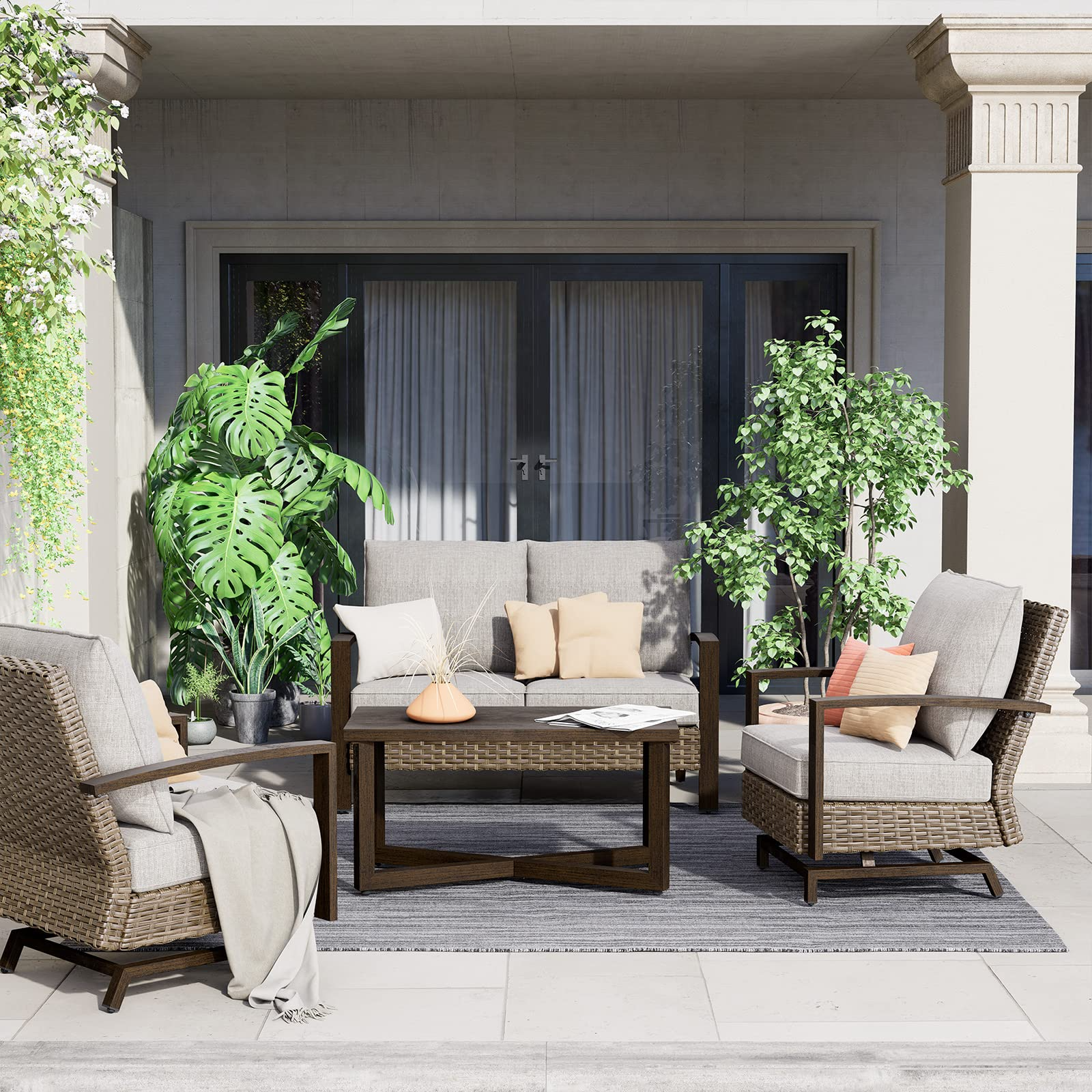 Outdoor 4 Pcs Furniture Sofa Sets PE Wicker Furniture Sets Rockers Patio Conversation Sets