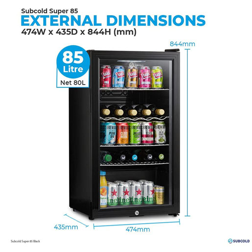 Subcold Super85 LED &ndash; Under-Counter Fridge | 85L Beer, Wine & Drinks Fridge | LED Light + Lock and Key | Energy Efficient (Silver, 85L) [Energy Class E]