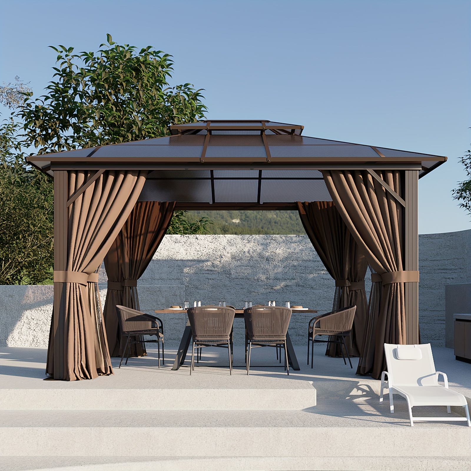 12ft x 10ft brown hardtop gazebo, aluminum alloy frame, double-layer polycarbonate roof, includes curtains and mosquito net, permanent outdoor gazebo, suitable for gardens, lawns, and courtyards