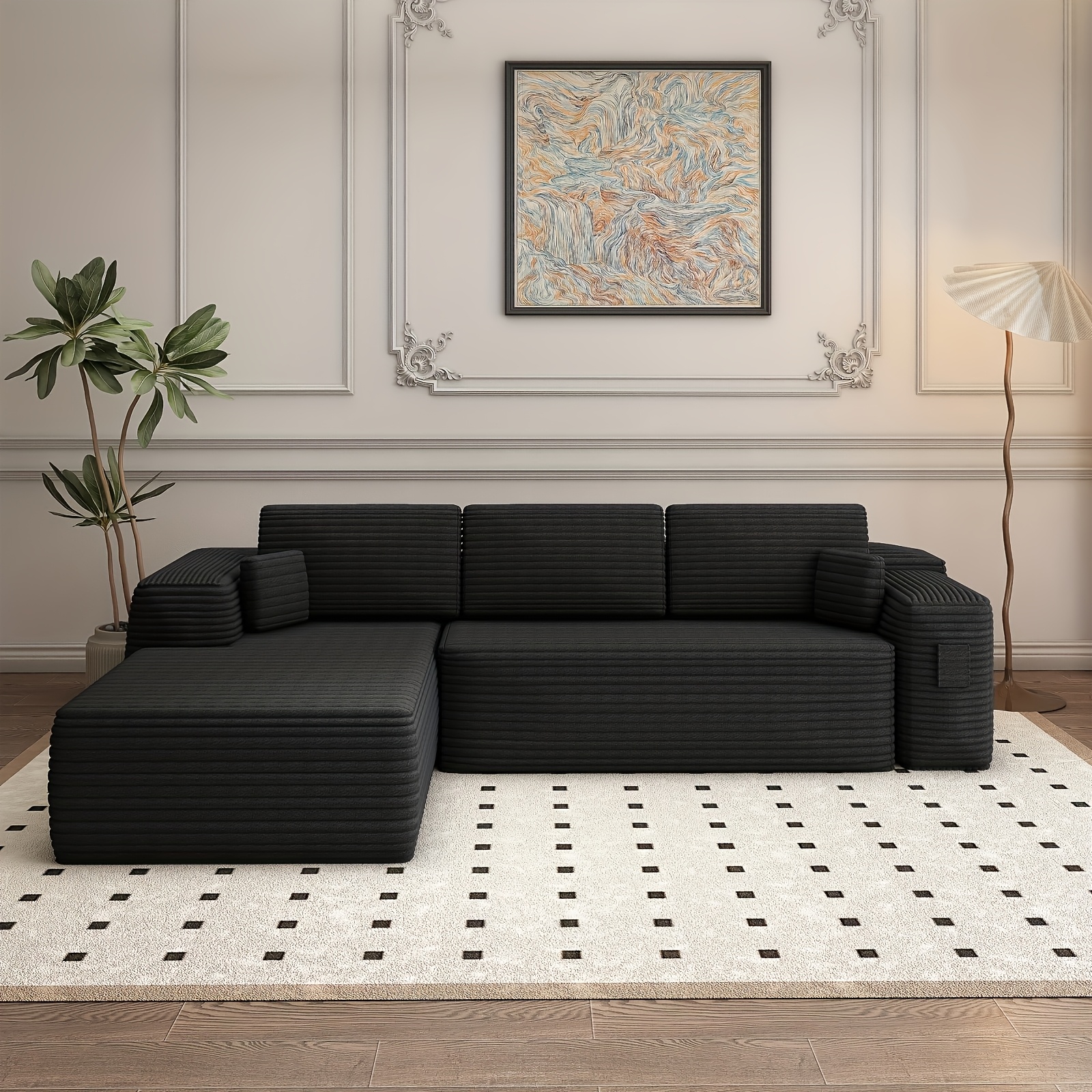Extra-large L-shaped sofa with chaise lounge, minimalist compressed frame sofa, no assembly required, modular cloud combination sofa, suitable for living room and bedroom, right-side chaise lounge, plush corduroy