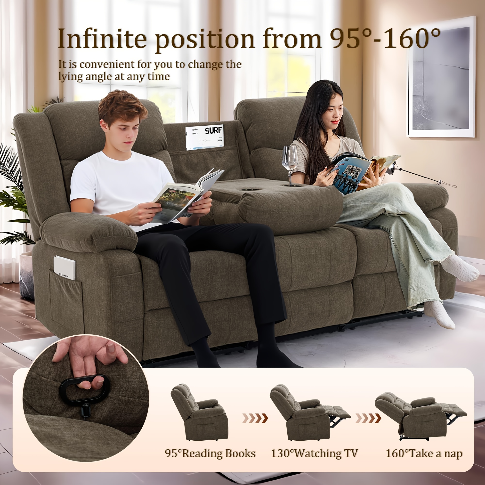 Extra-large three-seater recliner sofa, wall-mounted living room three-seater sofa, large three-seater recliner sofa with front pocket and side pockets, cashmere, manual recliner sofa