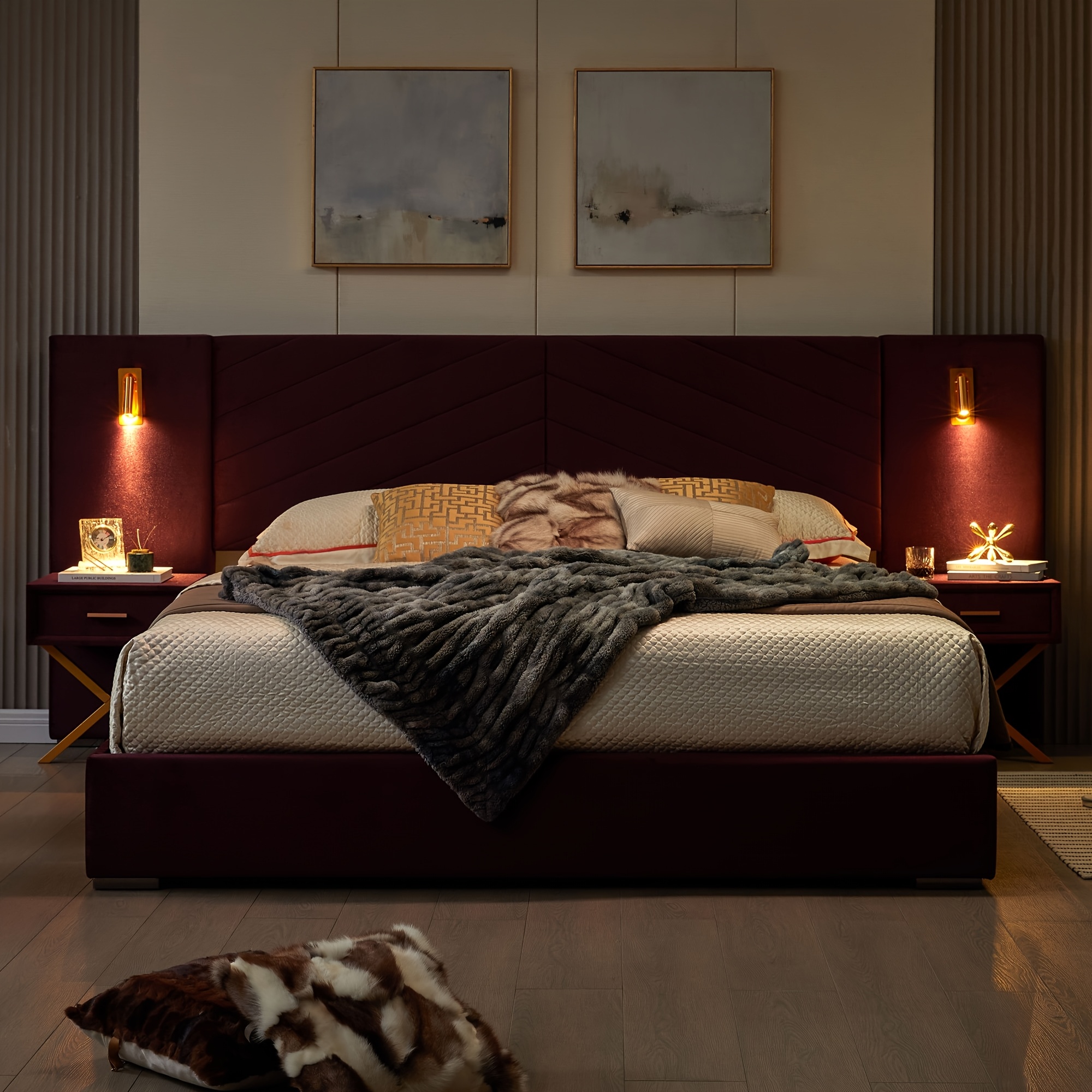 Luxurious double/queen-size bed frame with built-in LED lights and nightstand, double/queen-size platform bed with extra-large upholstered headboard, no mattress support required