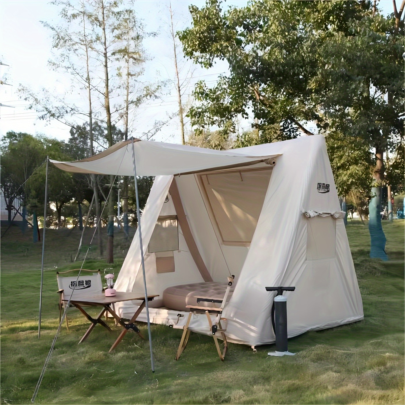 1 piece portable foldable inflatable camping tent with canopy, 4-season Oxford cabin tent, 2-4 person cabin travel tent with sunshade, easy-to-install outdoor Oxford tent, self-supporting structure inflatable tent with pump