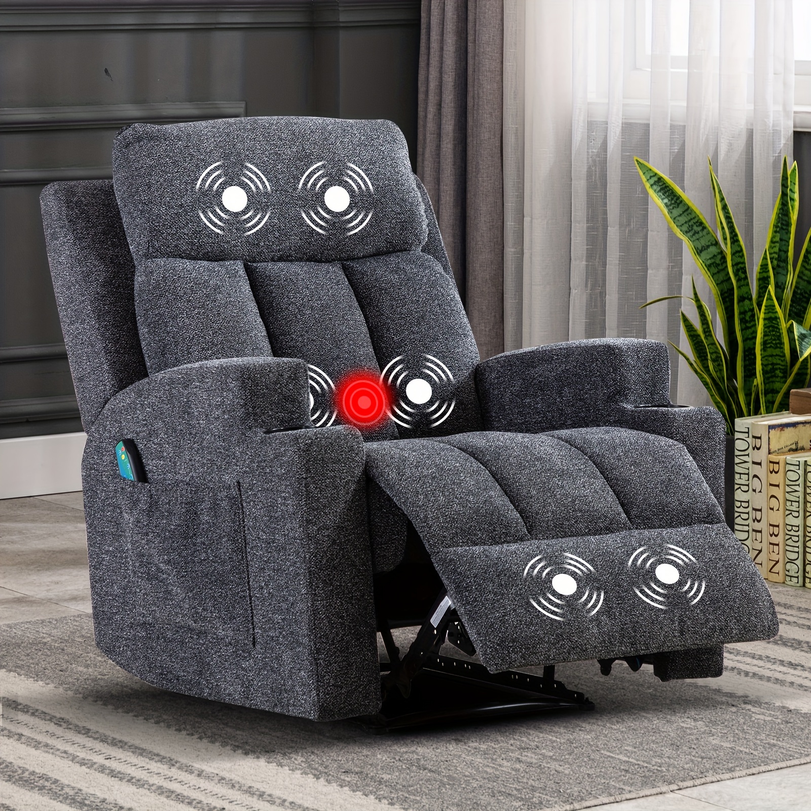 Modern Manual Massage Recliner with Heating Function - Ultra-Breathable Fabric Single Seat Sofa Lounge Chair with Side Pocket and Cup Holder