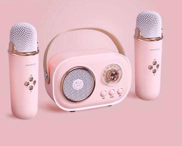 Portable Mini Karaoke Bluetooth Speaker with 2 Wireless Microphones, Handheld Home KTV Audio, 6 Voice Effects, Type-C Rechargeable, Stereo Sound for Party & Kids Gift