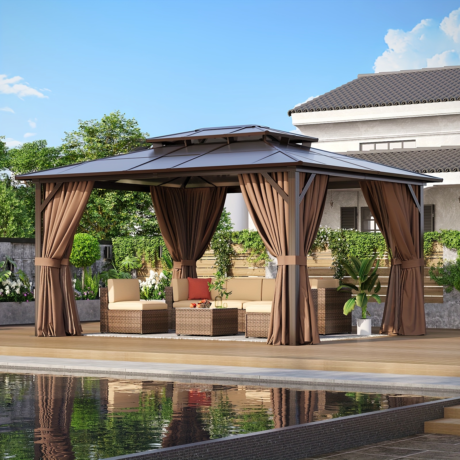 12ft x 14ft hard-top gazebo, permanent outdoor pavilion, equipped with a double-layer polycarbonate roof, curtains and insect screen, rust-resistant aluminum alloy frame, suitable for patios, gardens, and lawns