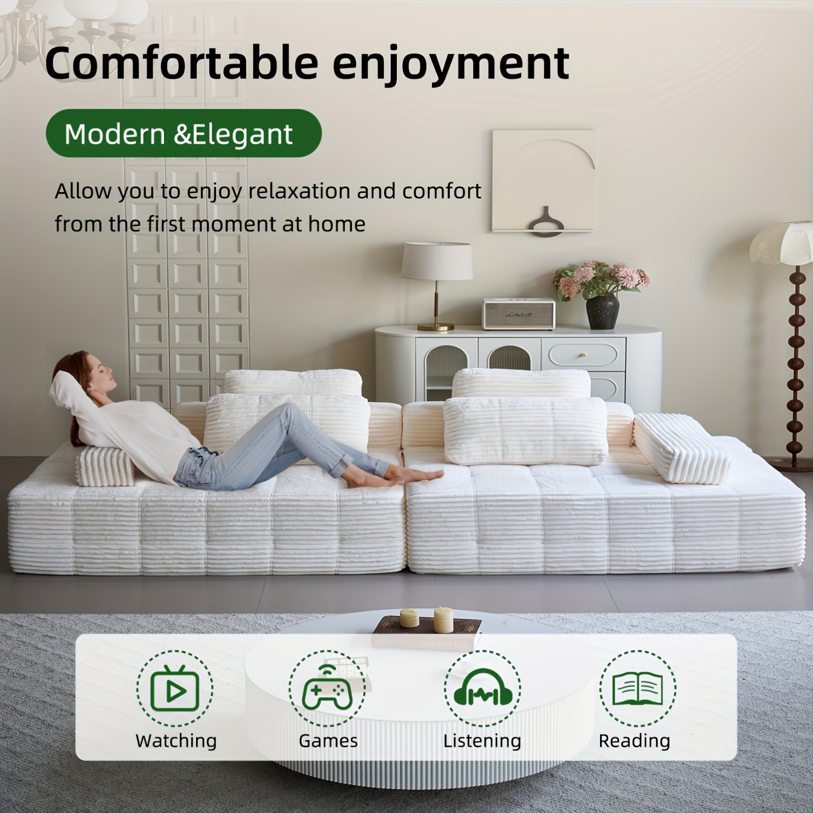 110inch Modern modular living room sofa, corduroy frameless sofa, fluffy 4-seater cloud sofa, extra-large recliner sofa bed, 4-deep-seater convertible modular sofa living room furniture set, suitable for living rooms, apartments, and game rooms