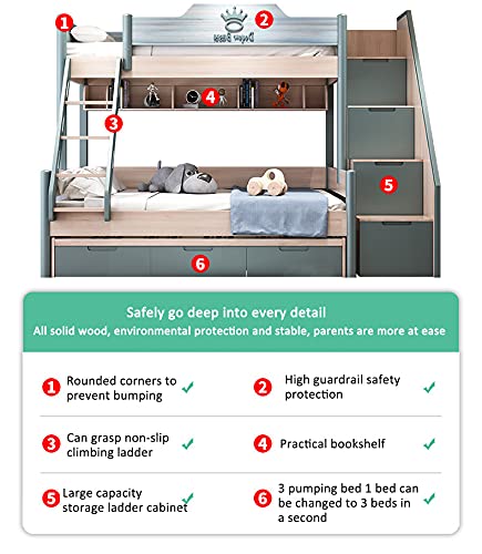 Double Full Bunk Bed Wooden Loft Bed, with Theater, Farmhouse, Ladder, Locker & Guardrail