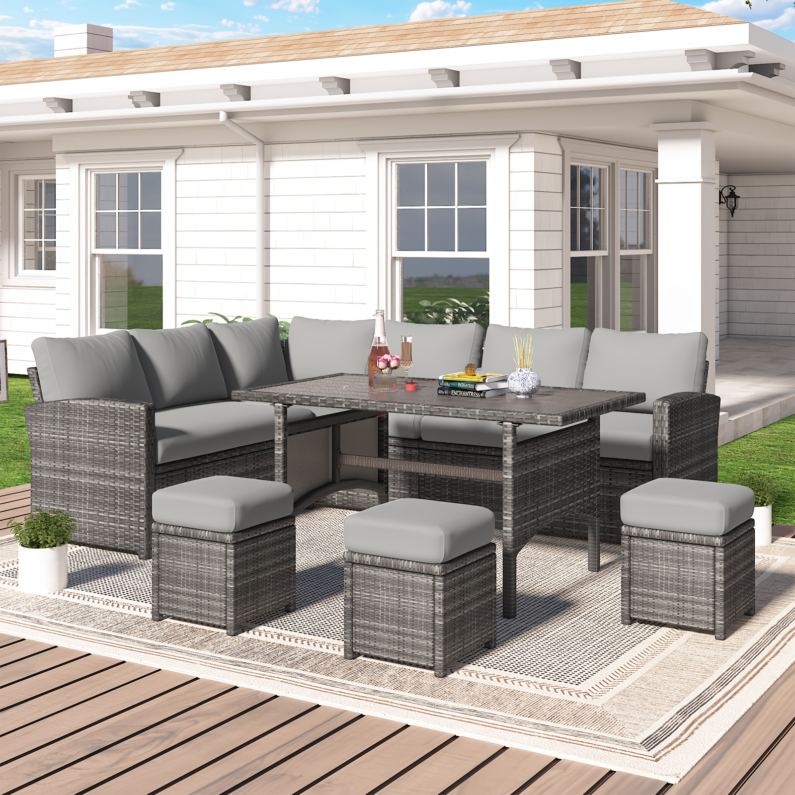 YODOLLA Patio Furniture Set, 7-Piece Outdoor Patio Furniture with Dining Table and Chairs, All-Weather Wicker Conversation Set with Bench