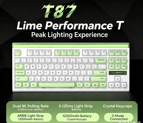 T87 87 Keys 3-Mode Hot-swappable Mechanical Gaming Keyboard, Bluetooth5.3 / 2.4G / Wired, 12000mAh Battery, ARGB Crystal Transparent Keycaps, 8K Polling Rate Keyboard for PC Gamer