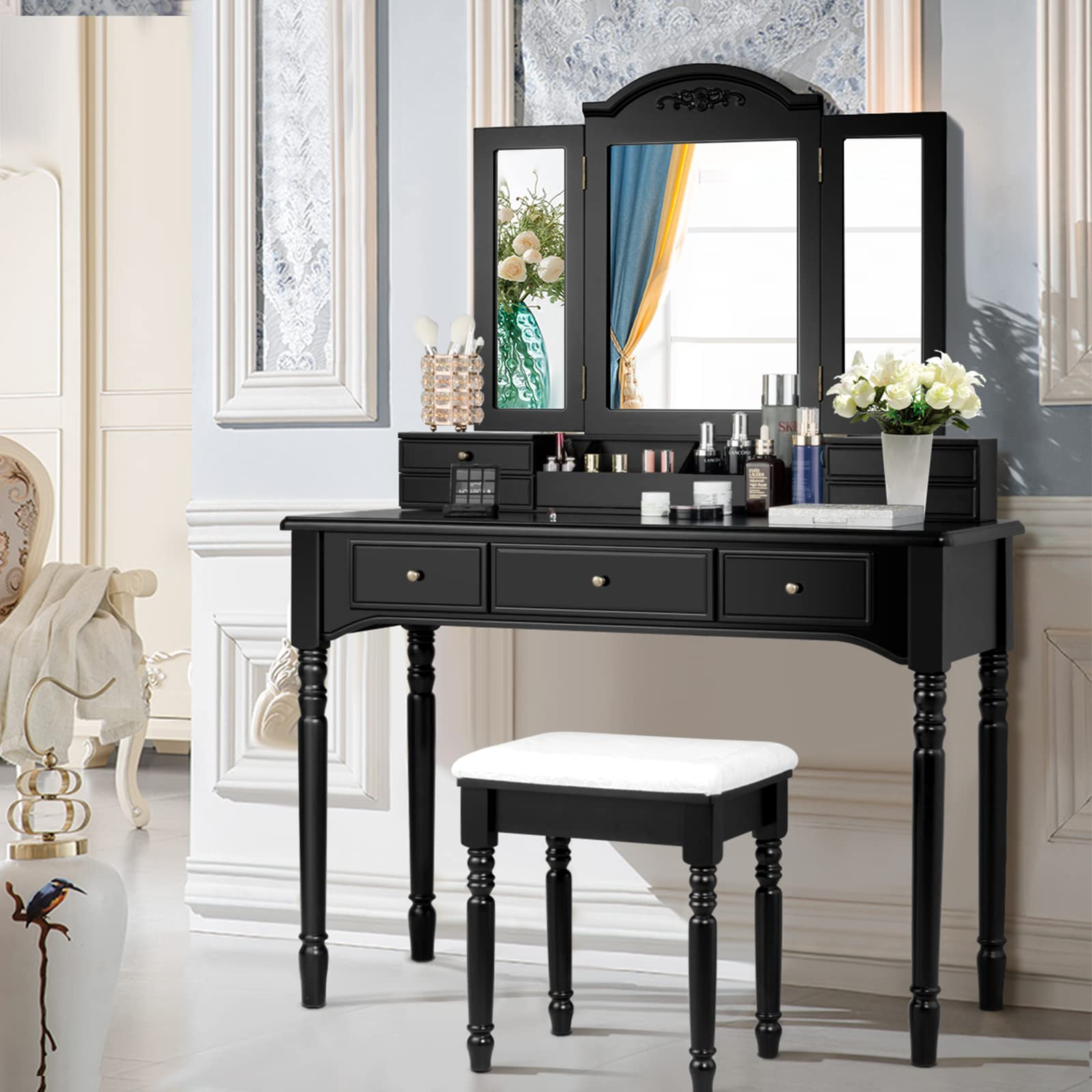 Vanity Desk Set, Dressing Table with Trifold Mirror, 8 Necklace Hooks, 7 Drawers
