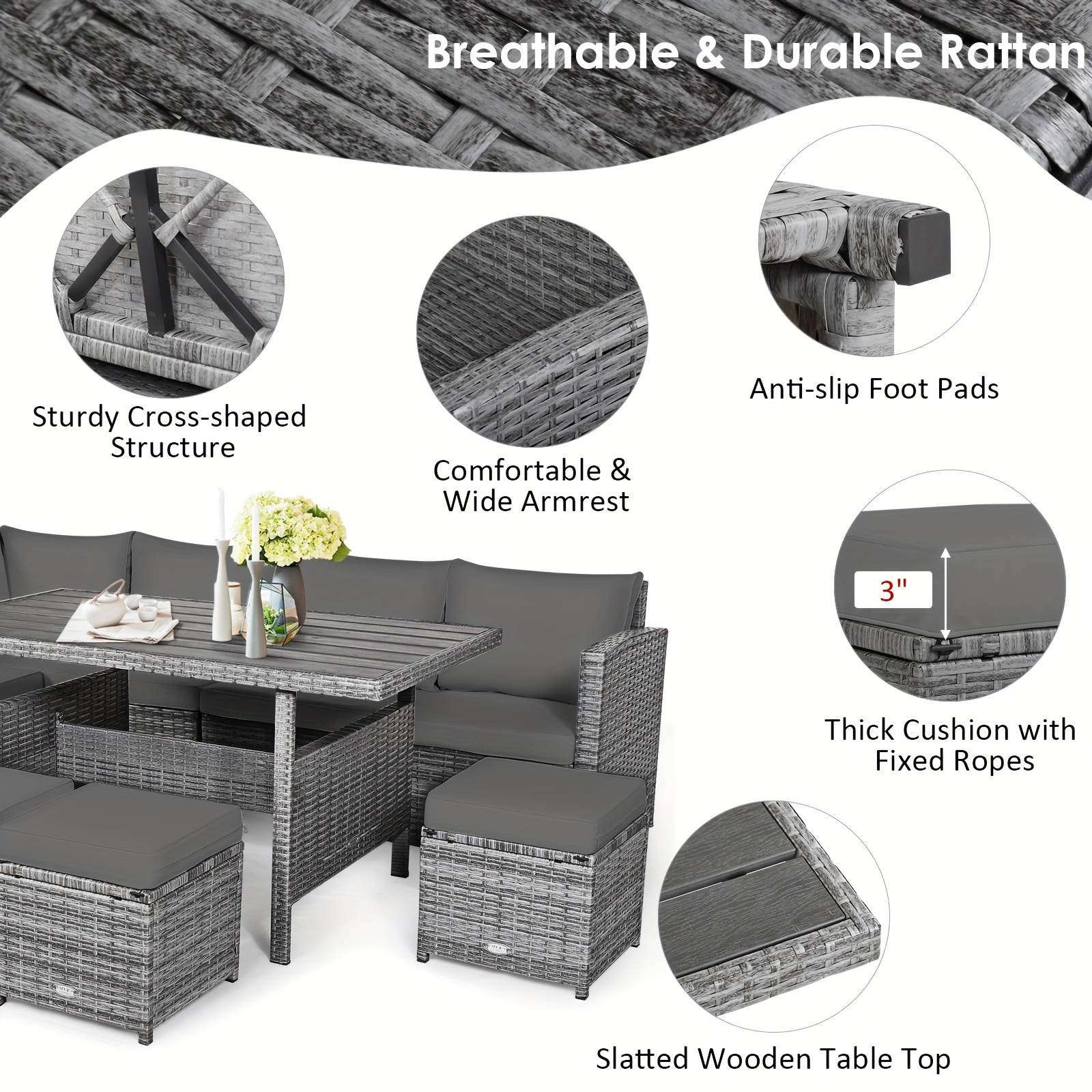7-piece courtyard rattan dining table set, combination sofa, footstool, garden gray