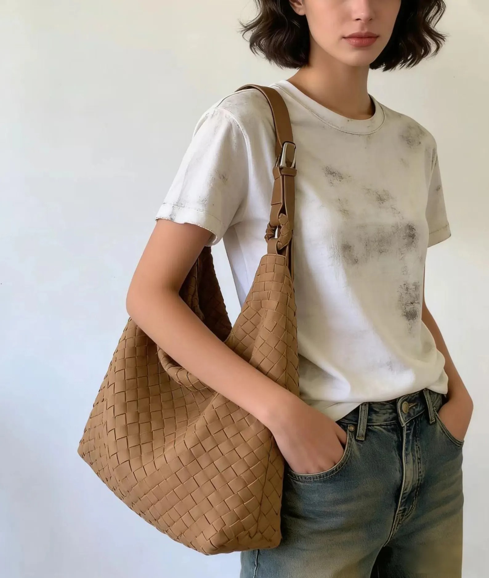 Hand-Woven Leather Slouch Hobo Bag