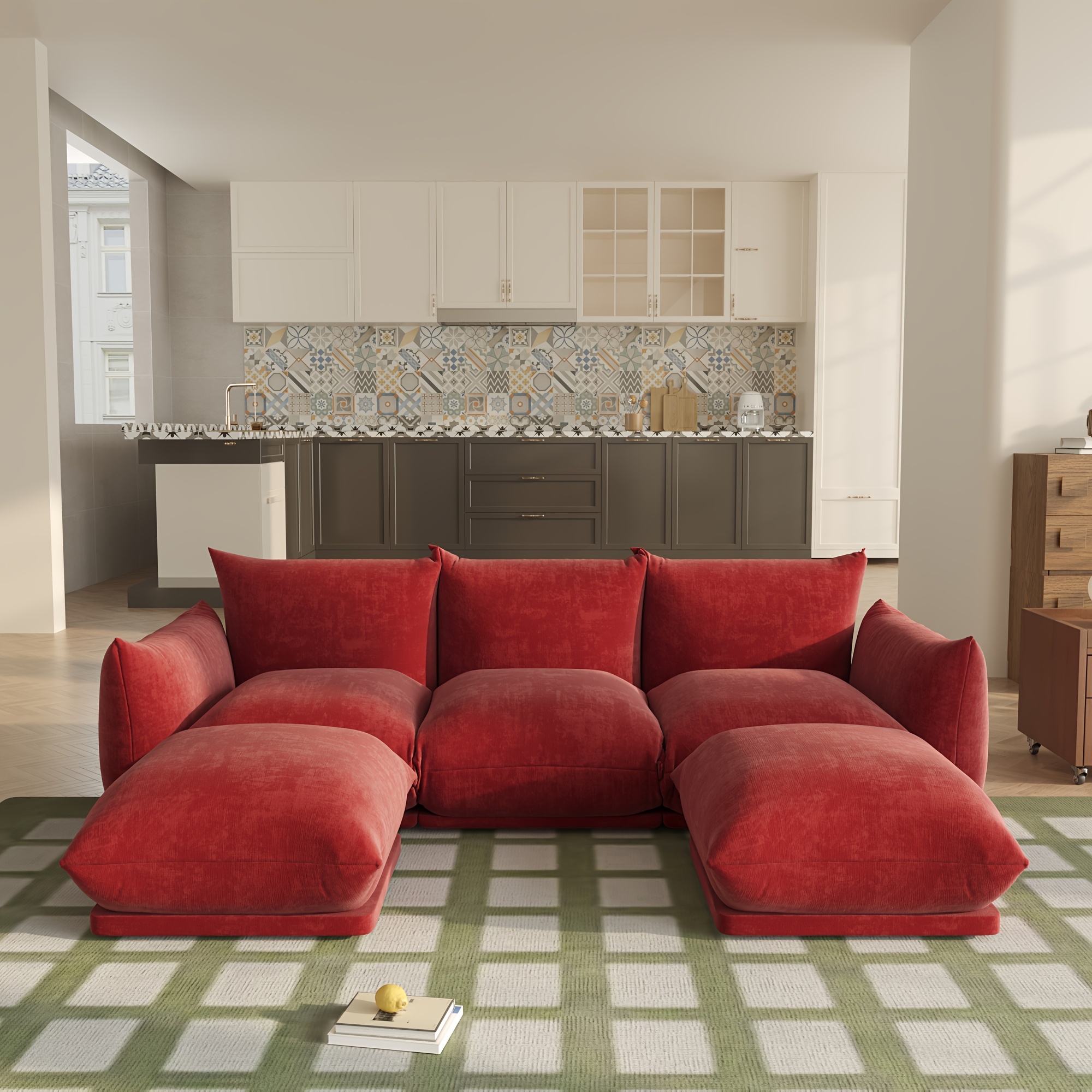 U-shaped modular sofa, chenille minimalist modular sofa, 5-seater modular sofa, wide reversible sofa, suitable for living room, bedroom, office, apartment