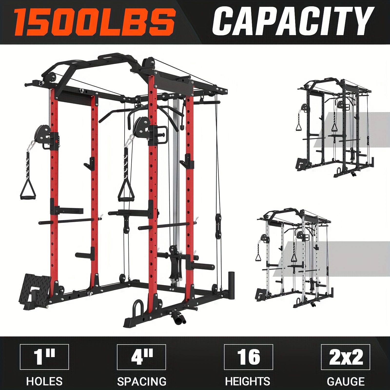 1 8-in-1 strength rack| 1500lb Load Capacity & Cable Crossover Machine - Physical Therapist Approved Squat Rack with J-Hooks, Curl Bar, and Landmine - Adaptive Strength Training System for Home Gyms (Red)