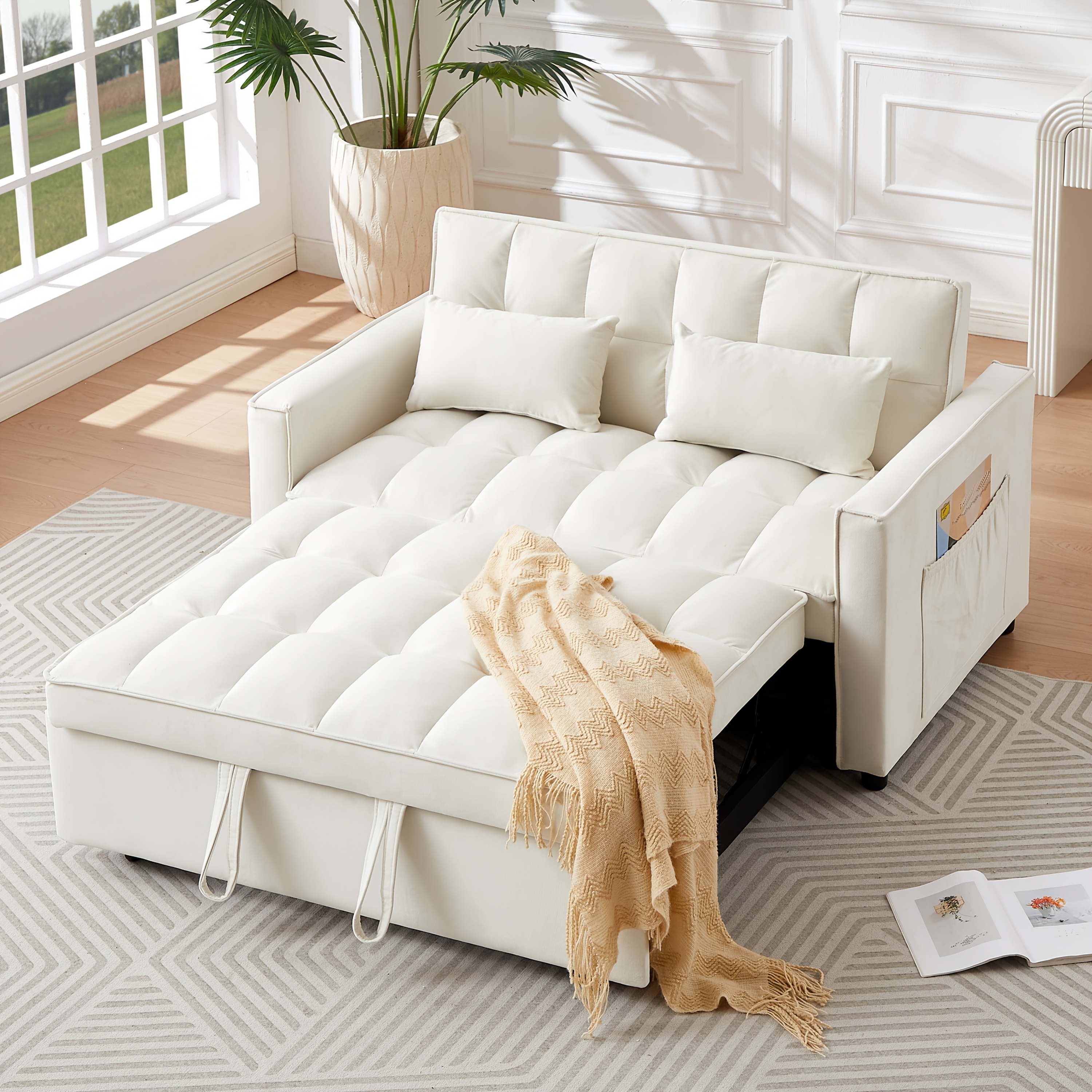 54inch Velvet 3-in-1 Convertible Sleeper Sofa Bed, Living Room Sofa Bed with Side Pocket| Adjustable backrest| Velvet fabric| Pull-out sofa| Likes to sit on the sofa| Sectional sofa bed| 2-seater sofa bed